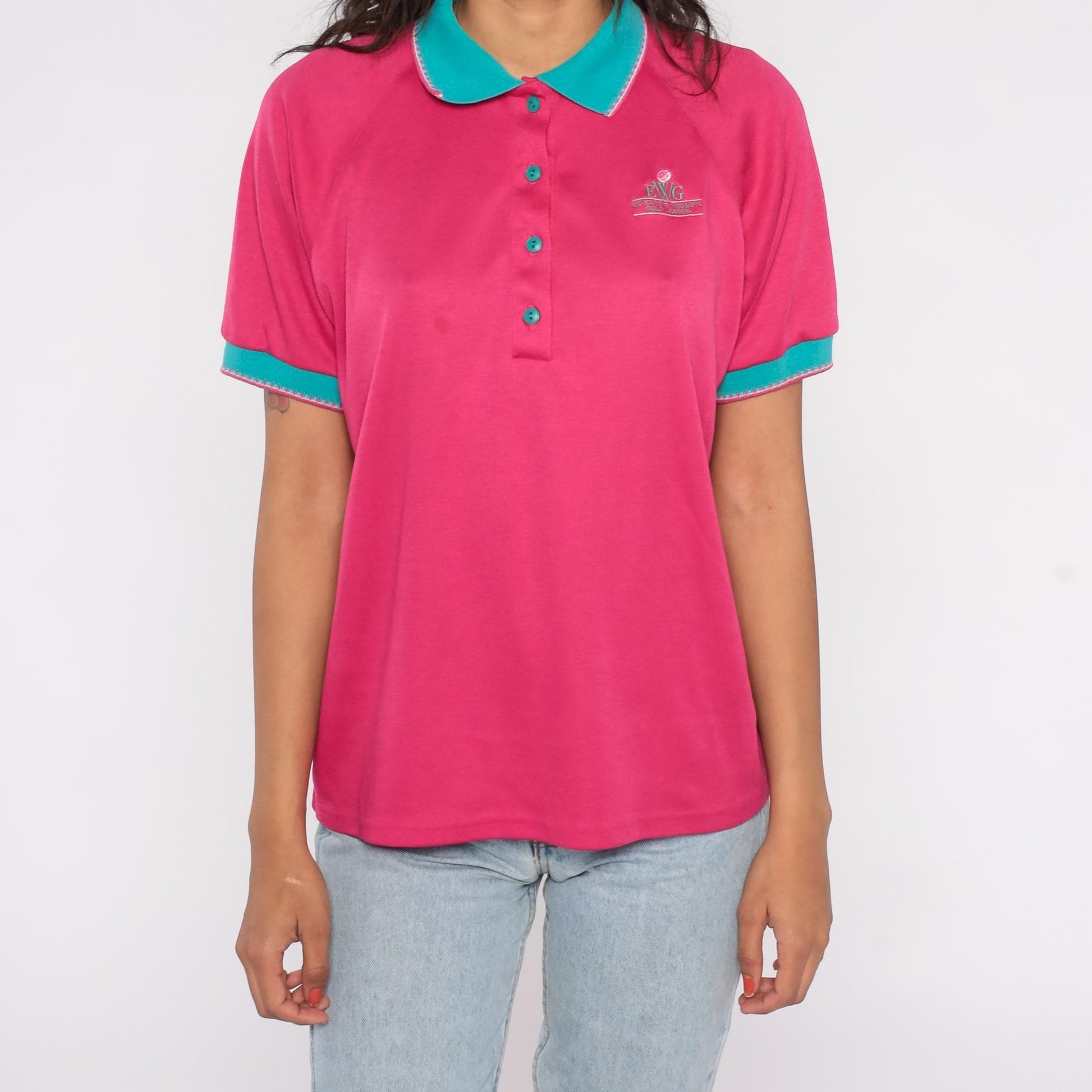 90s Bette & Court Hot Pink Polo Shirt Teal Trim Golf EWG Large L