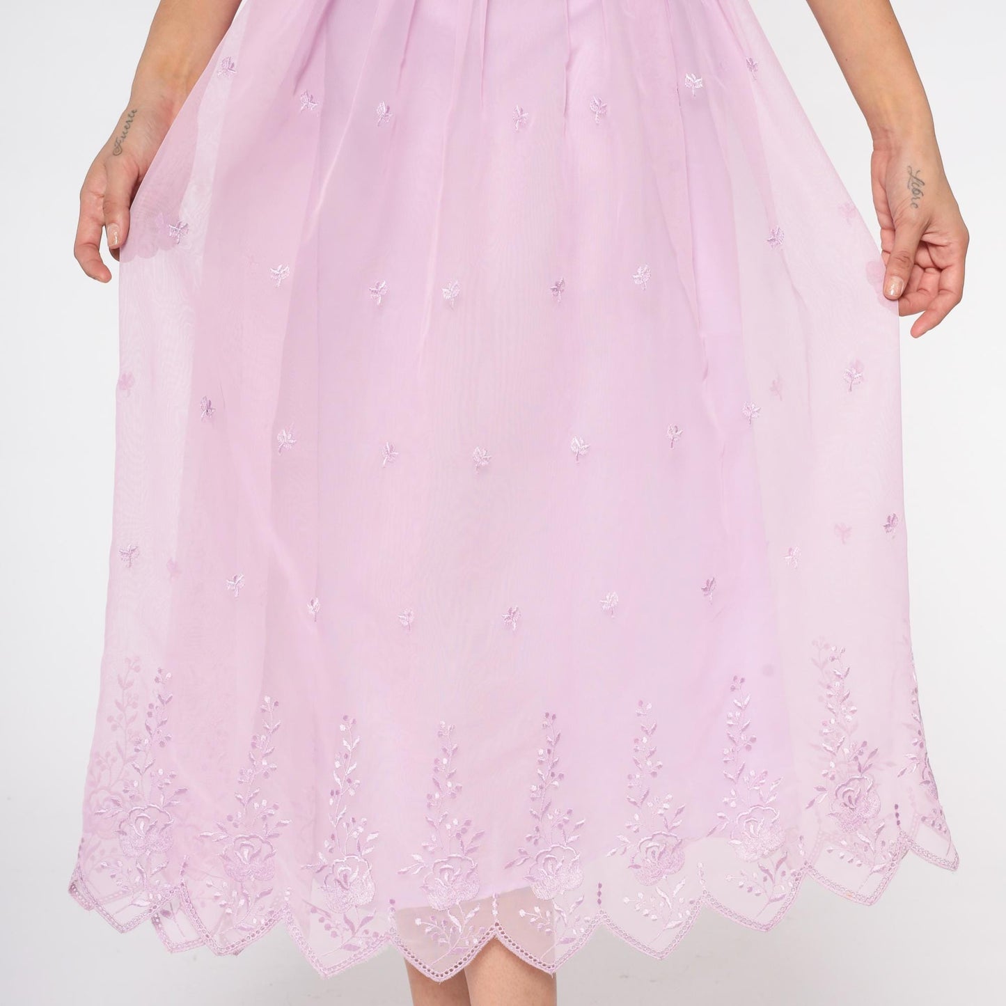 70s Lavender Prairie Dress Sheer Embroidered Midi Floral Scalloped Small