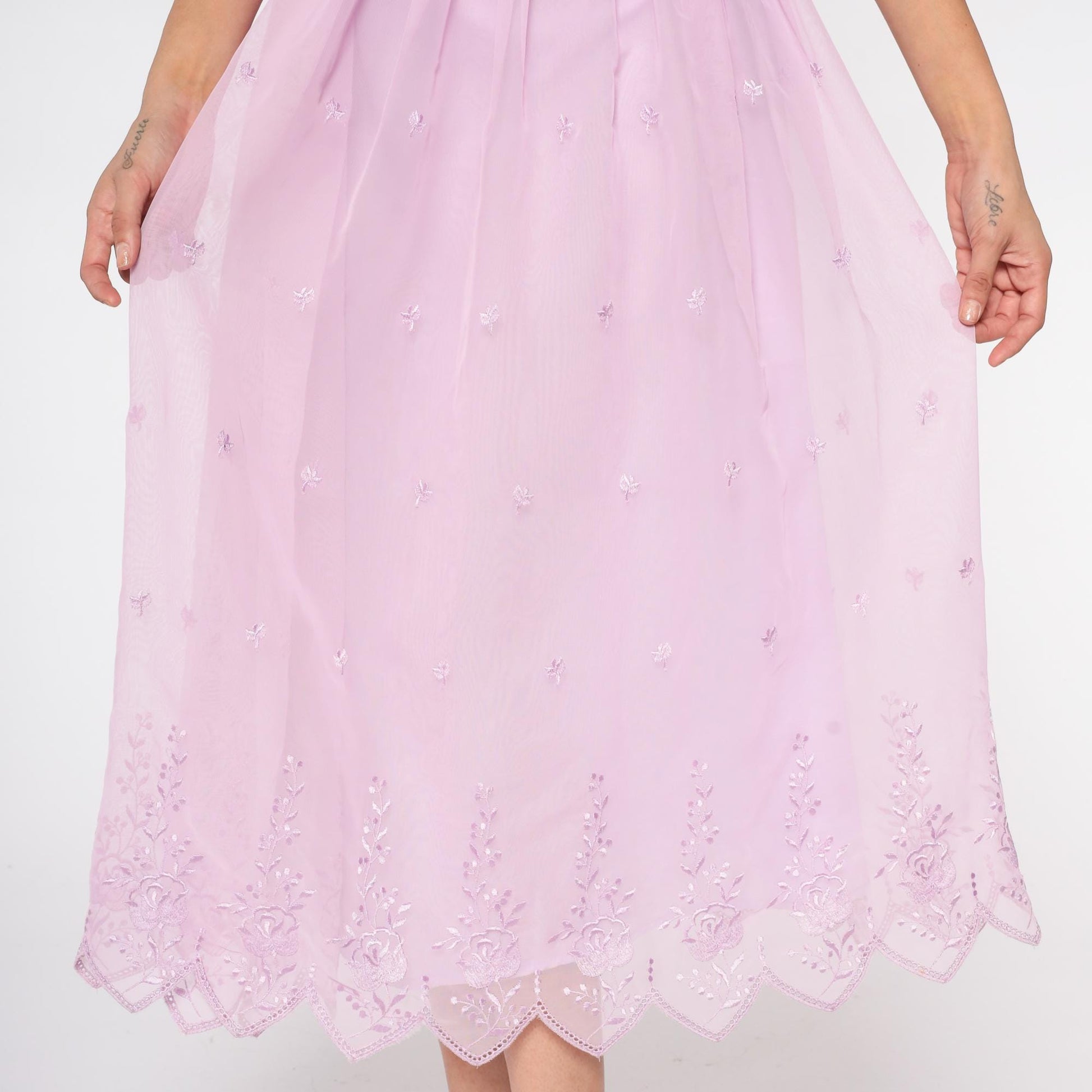 70s Lavender Prairie Dress Sheer Embroidered Midi Floral Scalloped Small