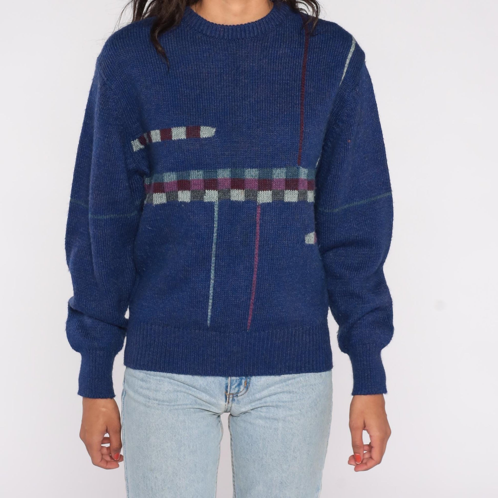 80s Navy Wool Blend Sweater Abstract Geometric Pattern Crewneck Medium