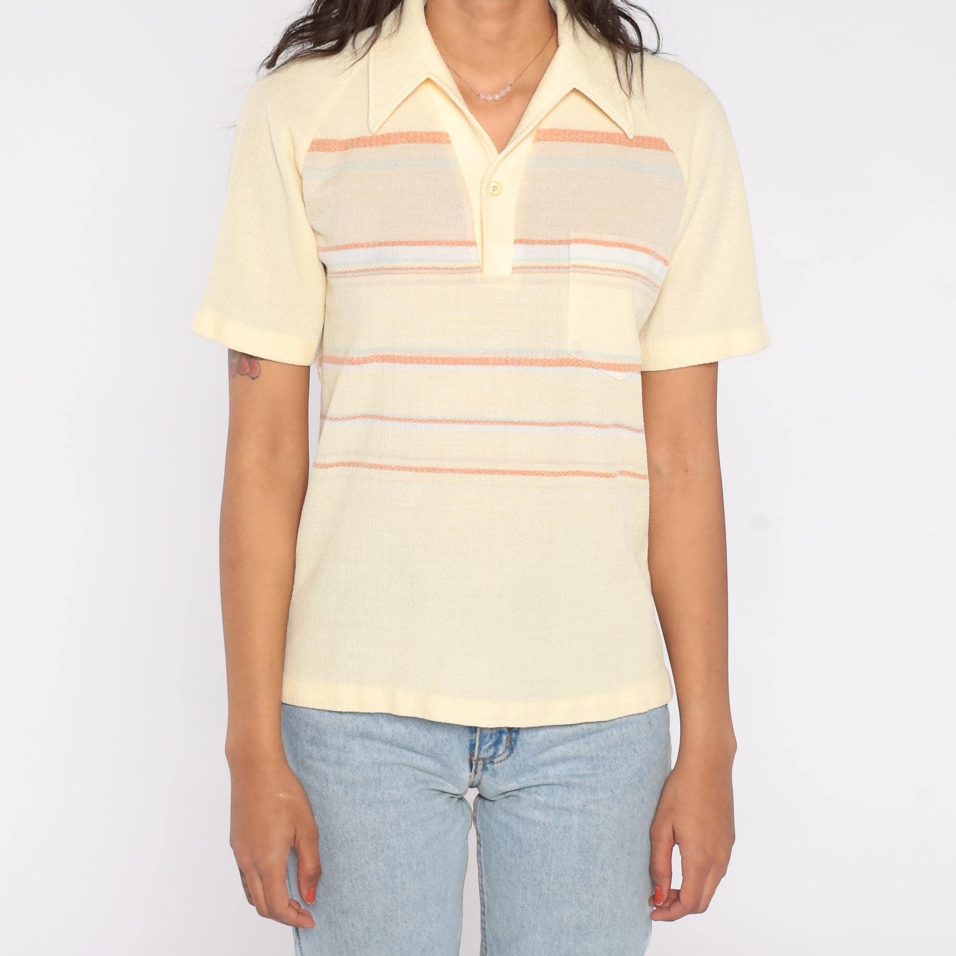 70s Charisma California Knit Polo Shirt Yellow Striped Collared Large