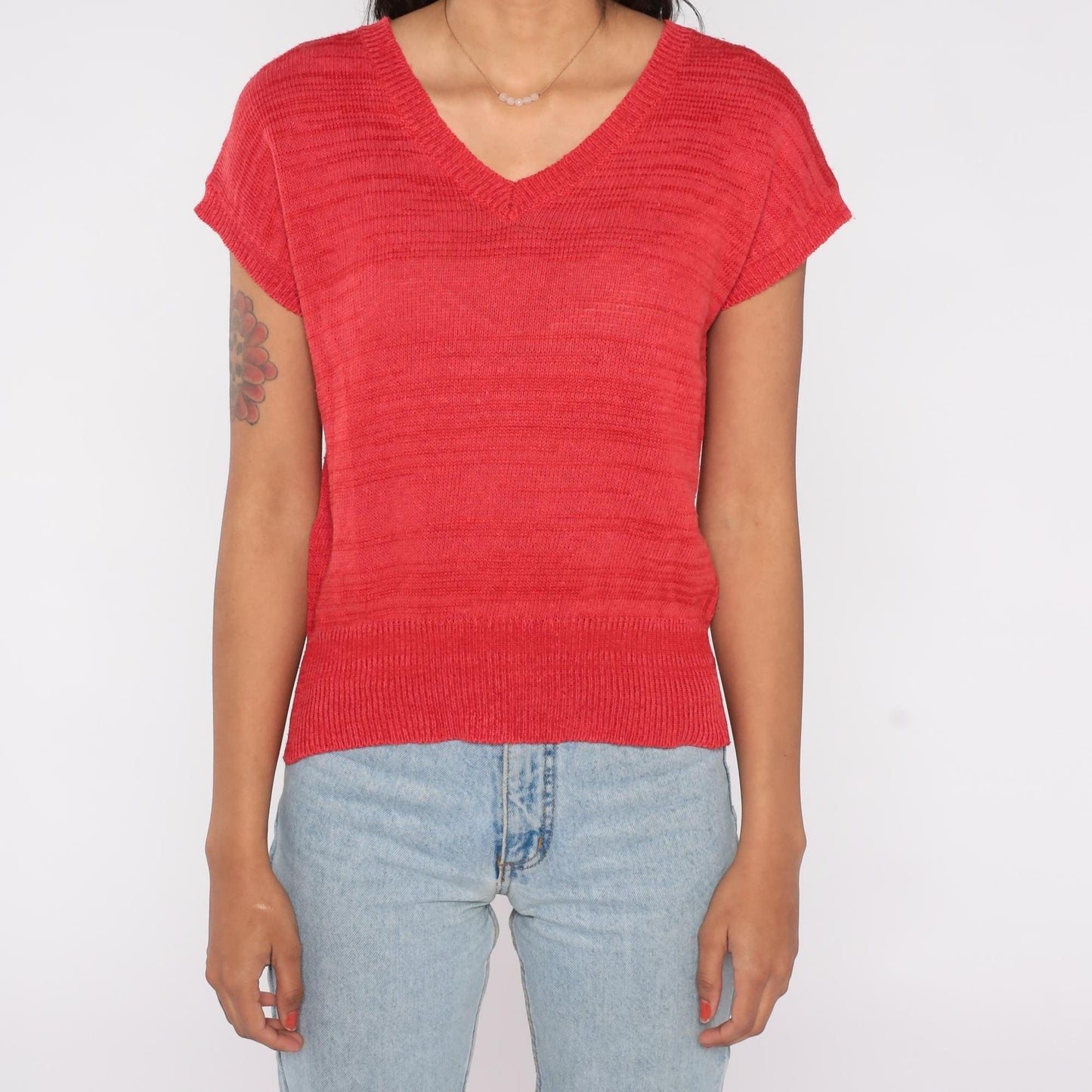 80s Red Knit Top Floral Graphic Open Weave Short Sleeve Small