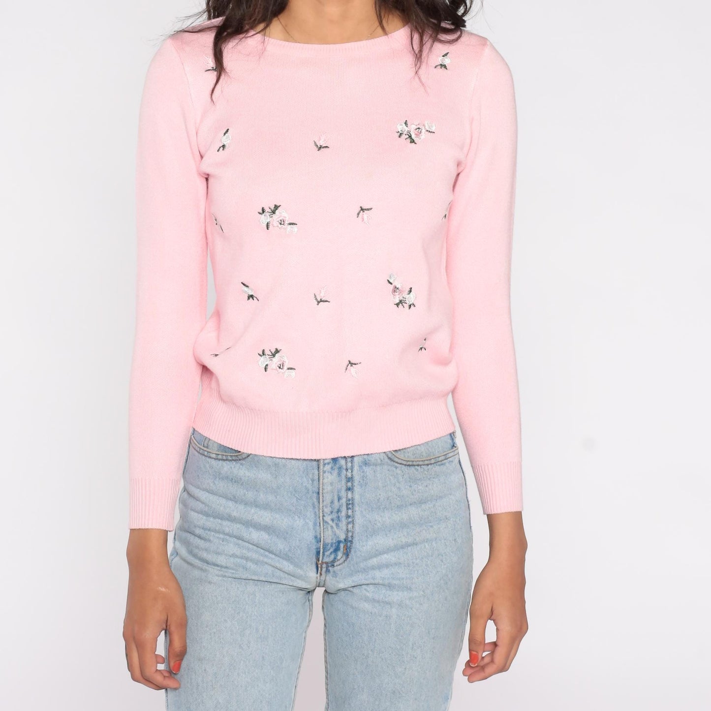 70s Pink Floral Embroidered Knit Sweater Crew Neck Long Sleeve Small S