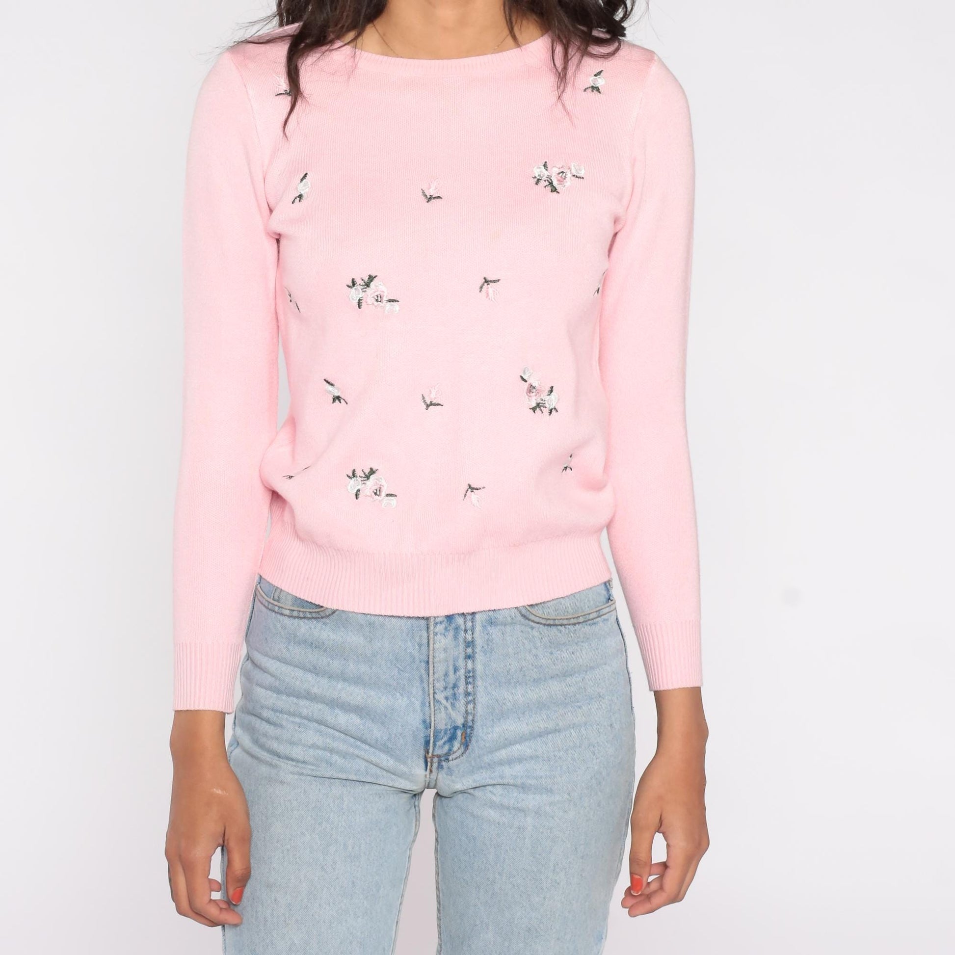 70s Pink Floral Embroidered Knit Sweater Crew Neck Long Sleeve Small S