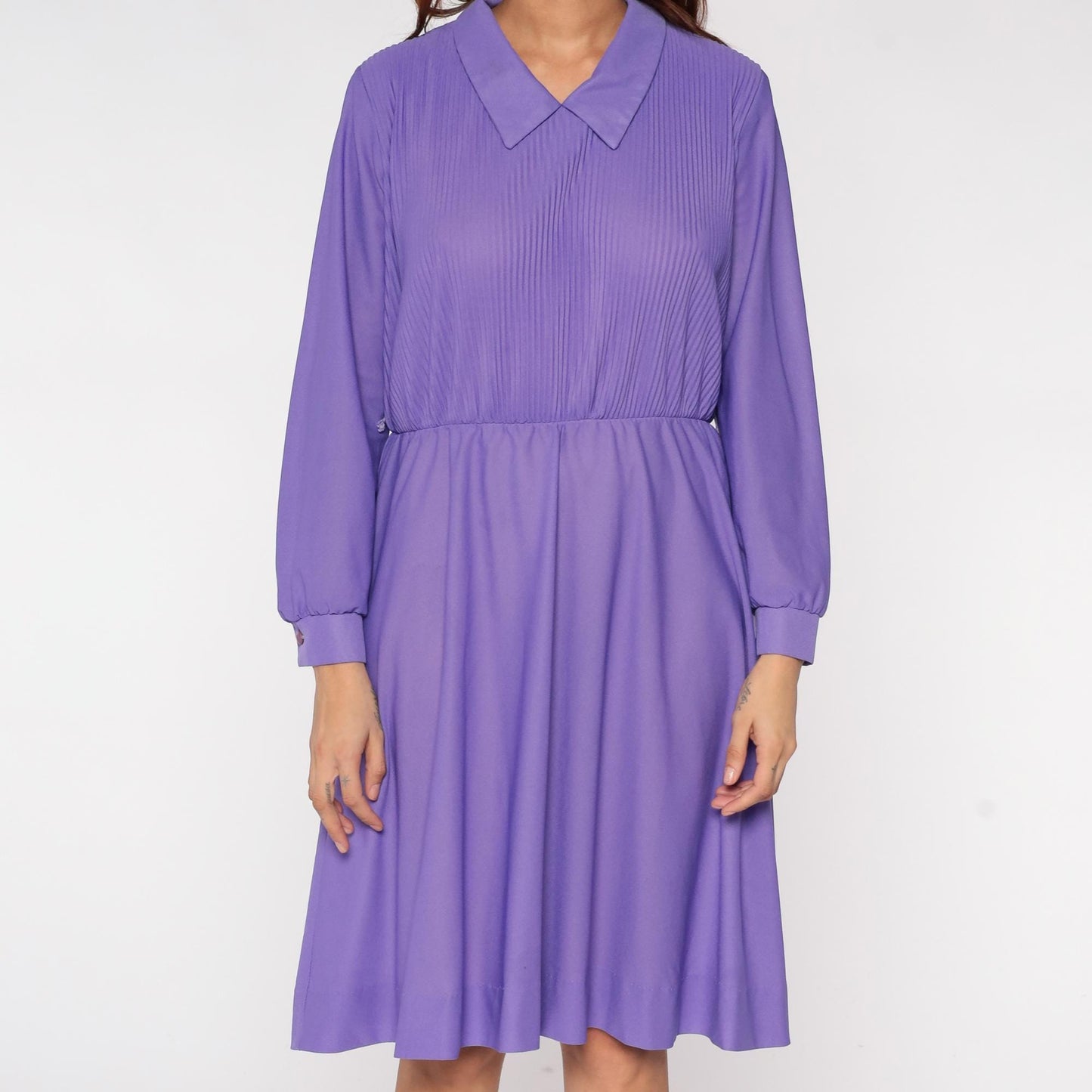 70s Ina Carol Lavender Pleated Collar Secretary Dress Long Sleeve Medium M