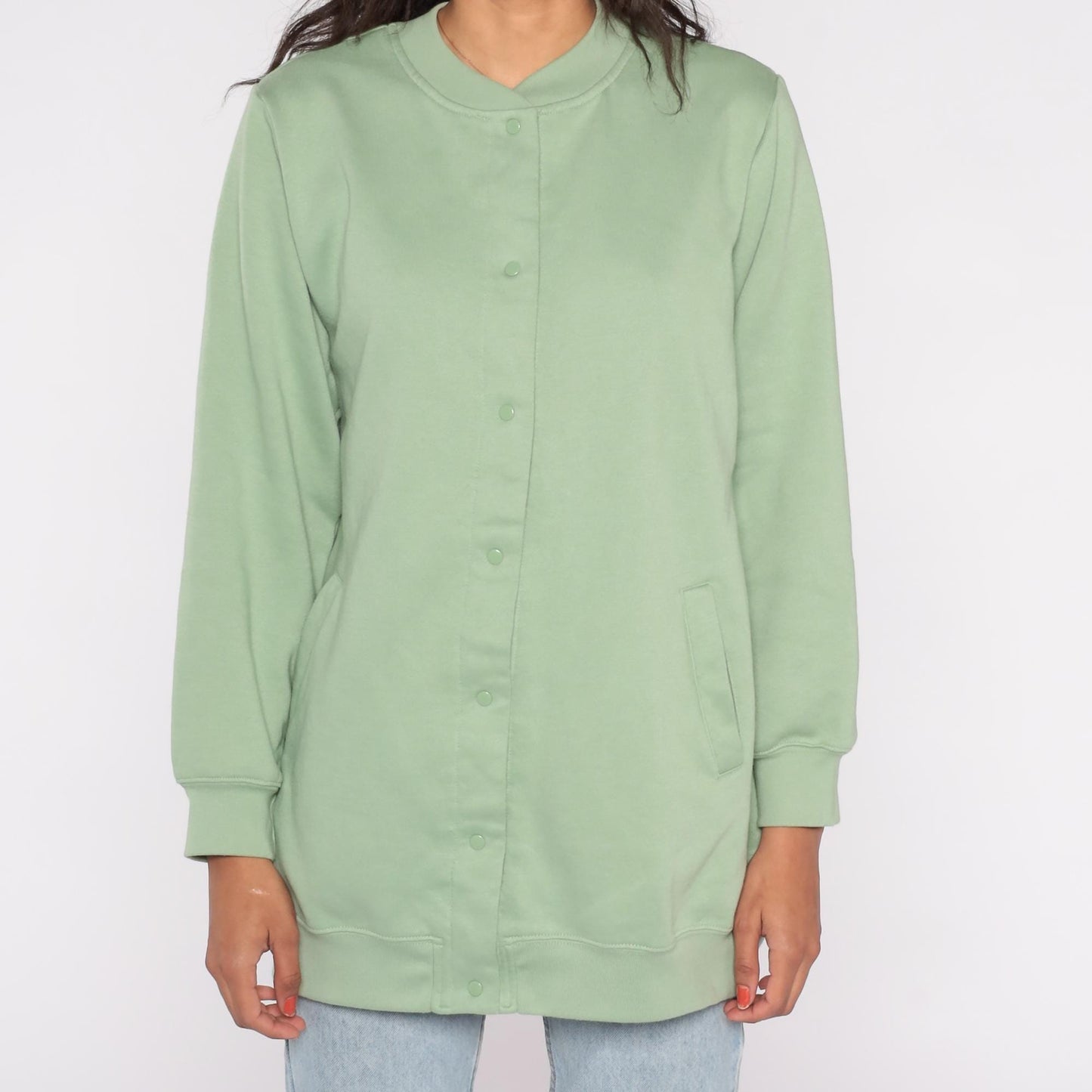90s Only Necessities Sage Green Snap Button Sweatshirt Jacket Medium M