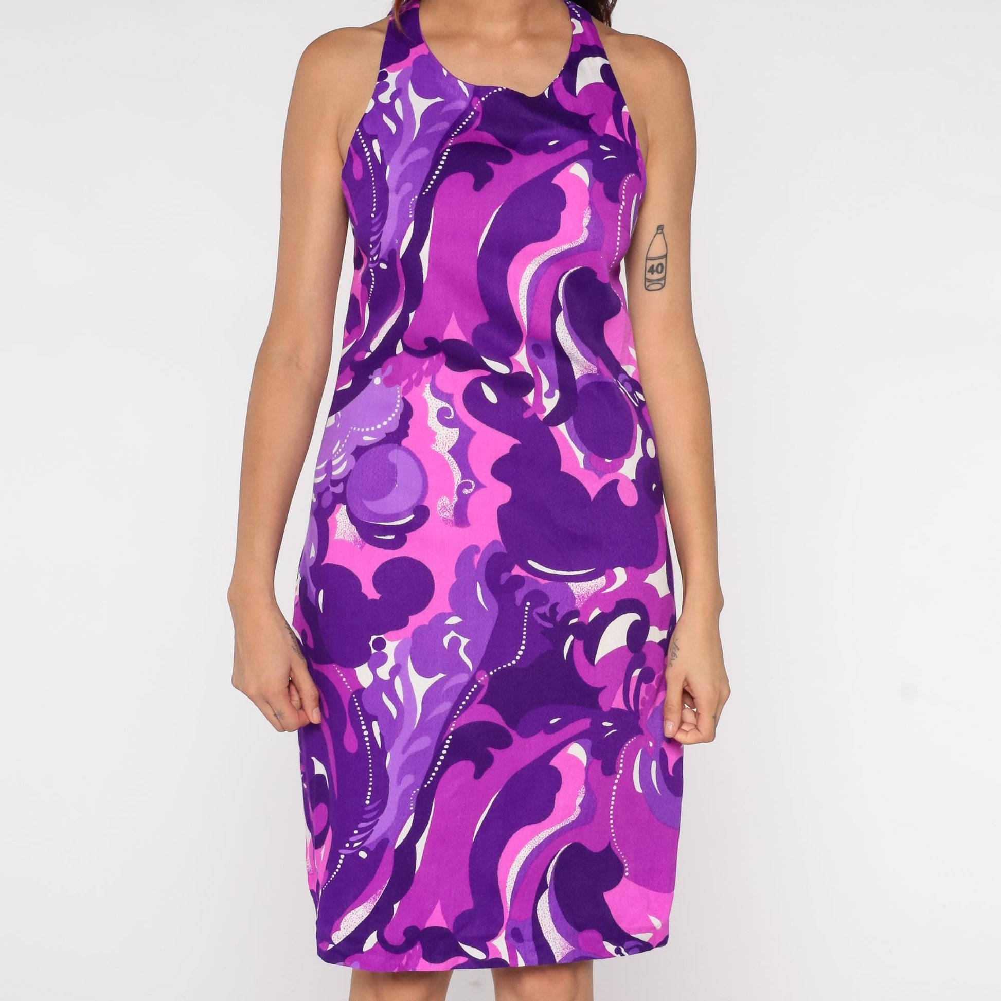 70s Purple Pink Hawaiian Print Halter Mini Dress Tie Back Sleeveless XS