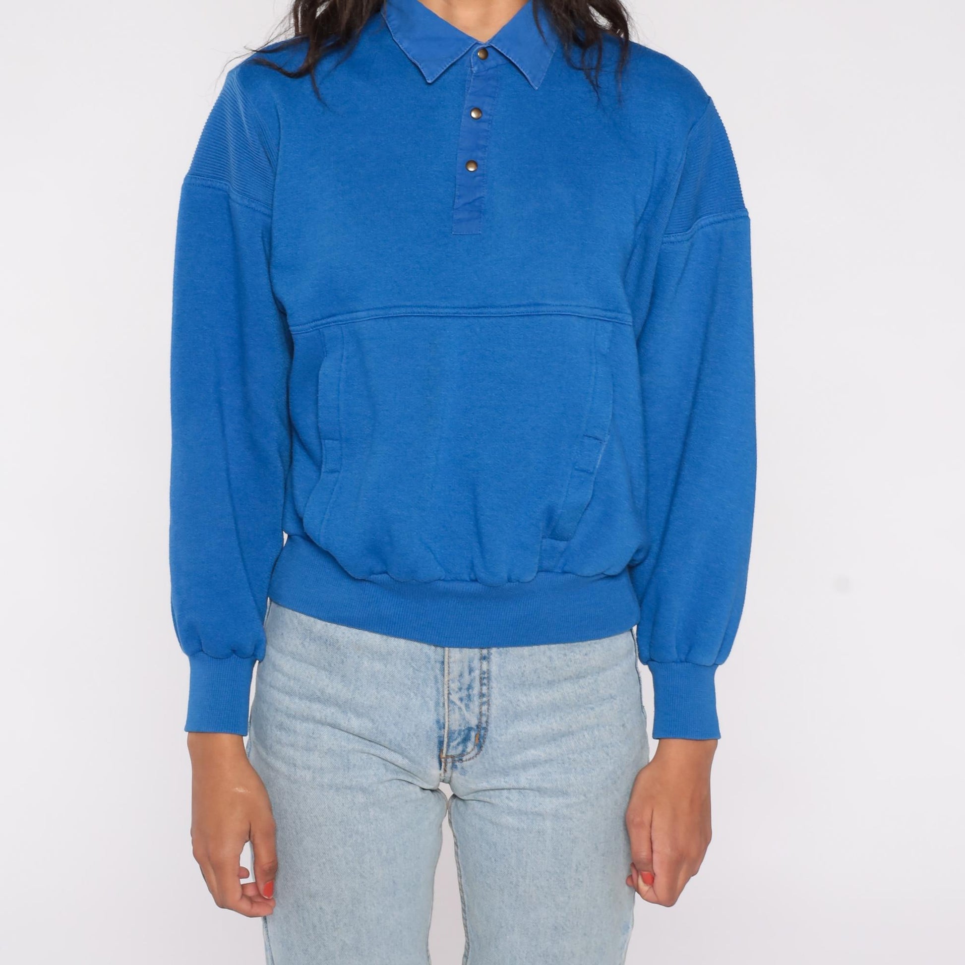 90s Trader Bay Blue Polo Sweatshirt Snap Front Fleece Lined Small S