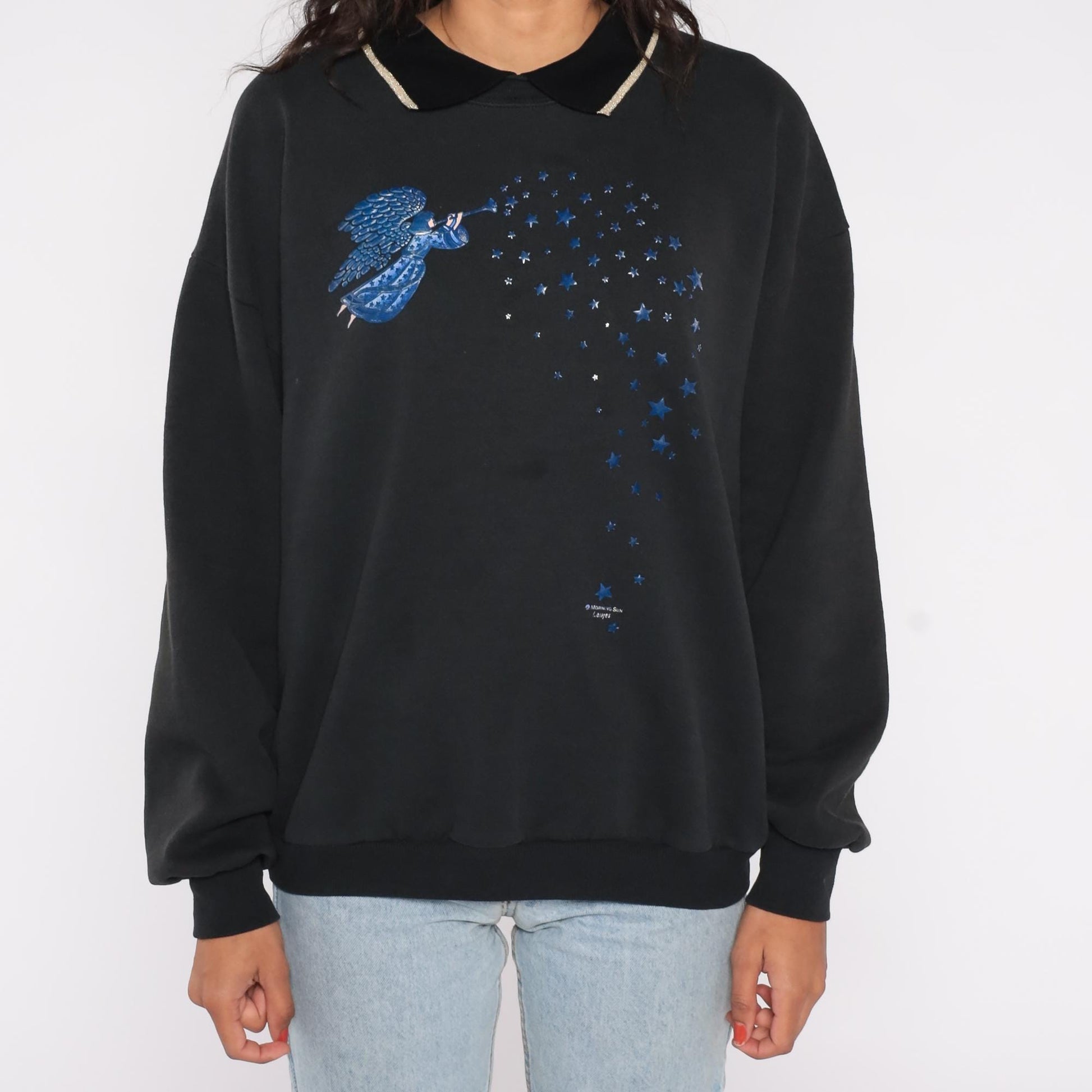 90s Morning Sun Angel Celestial Sweatshirt Black Blue Graphic Cotton Plus 1X