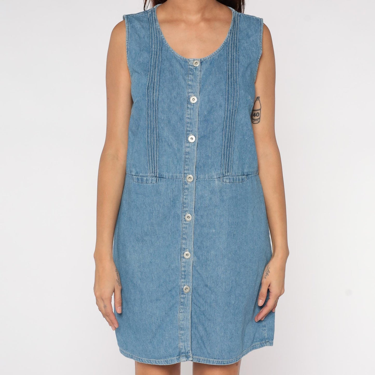 90s Blue Denim Mini Dress Empire Waist Sleeveless Button Front Medium M