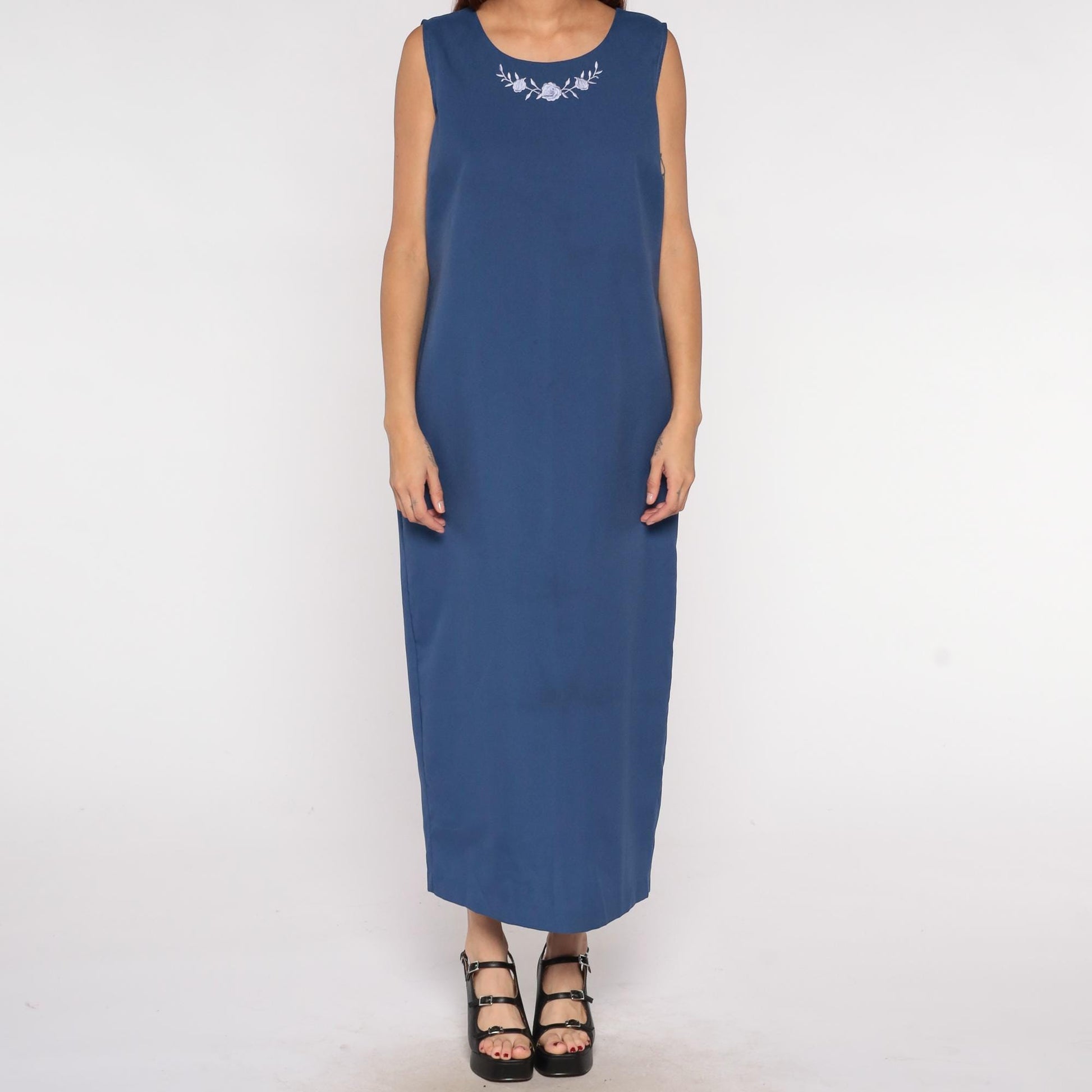 90s BFA Classics Navy Maxi Dress Embroidered Floral Neckline Sleeveless Extra Large XL