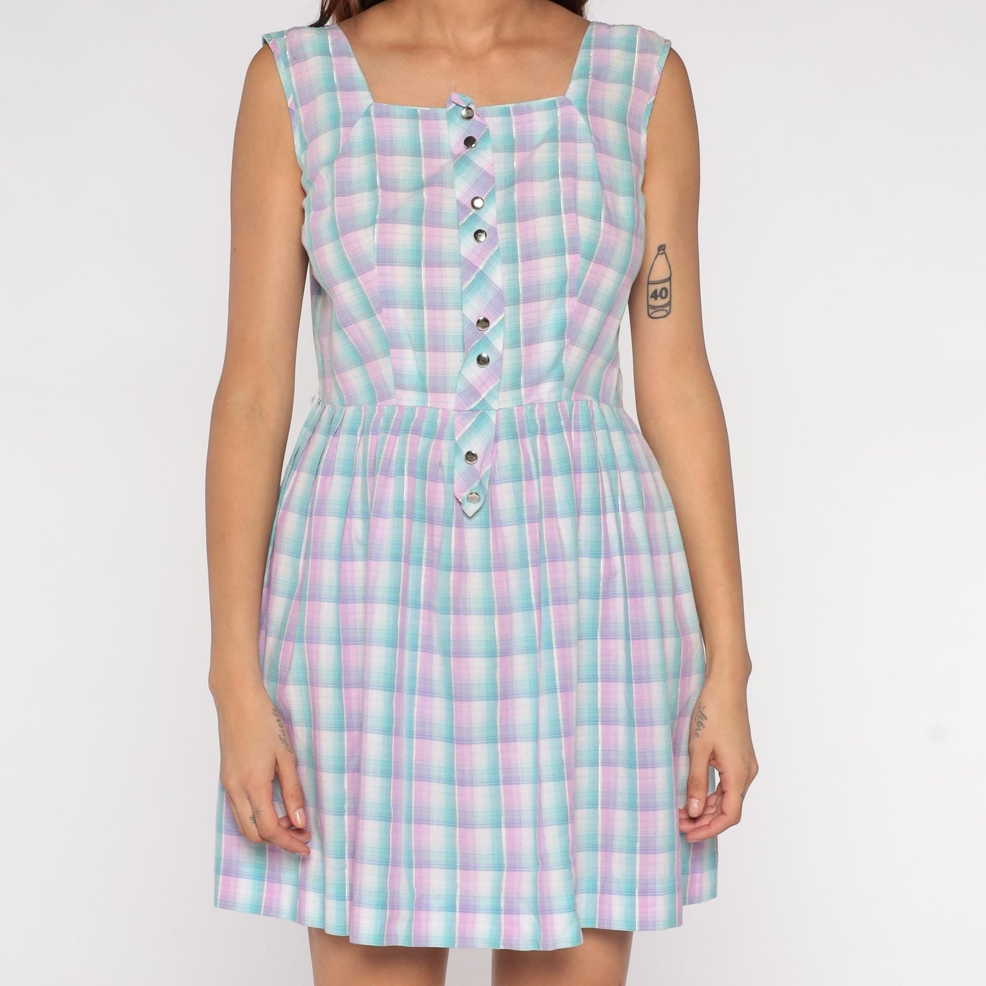 60s PaintSet Fashion Plaid Mini Dress Square Neck Button Front Medium