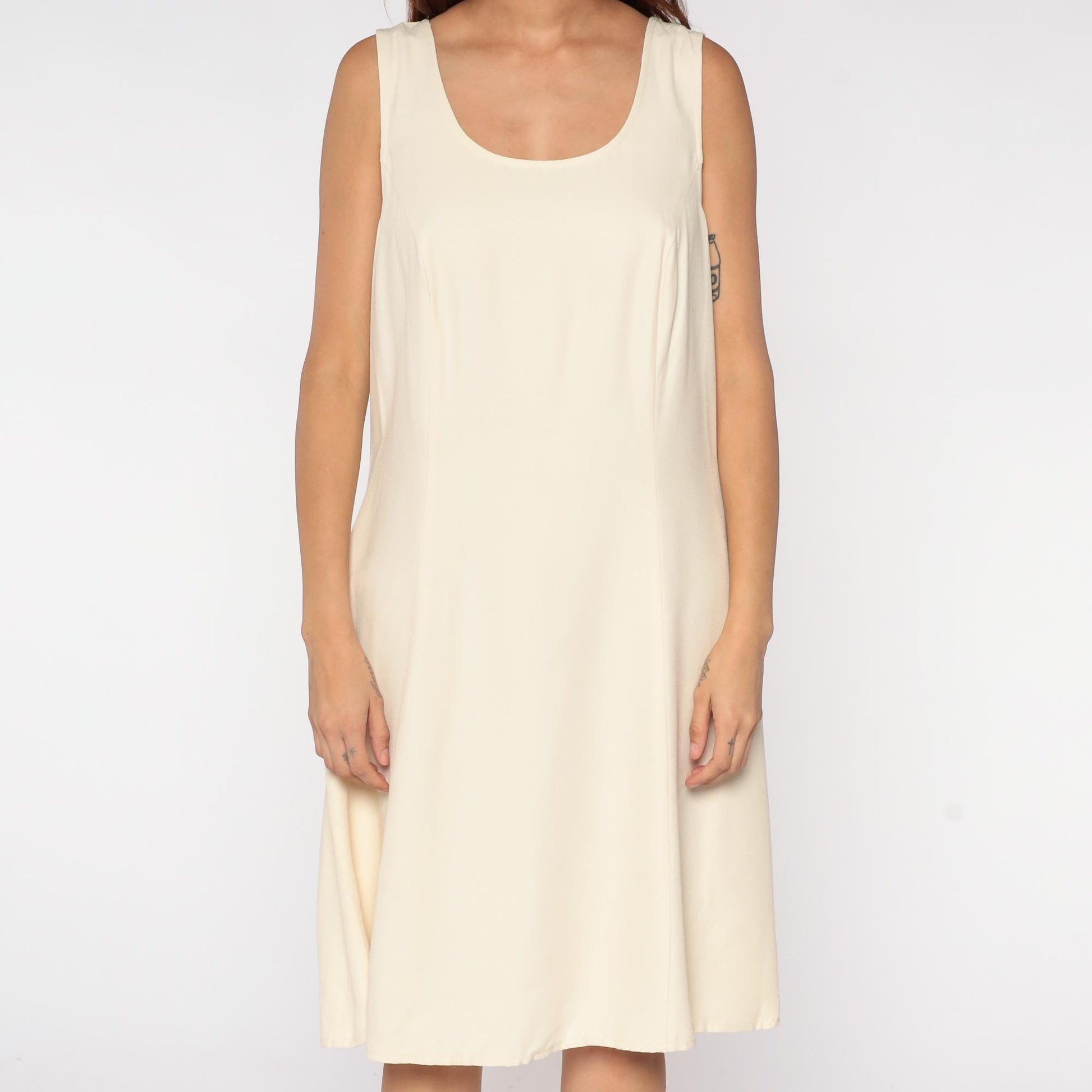 90s Minimalist Shift Dress Cream Sleeveless A-Line Midi Plus Size XXL