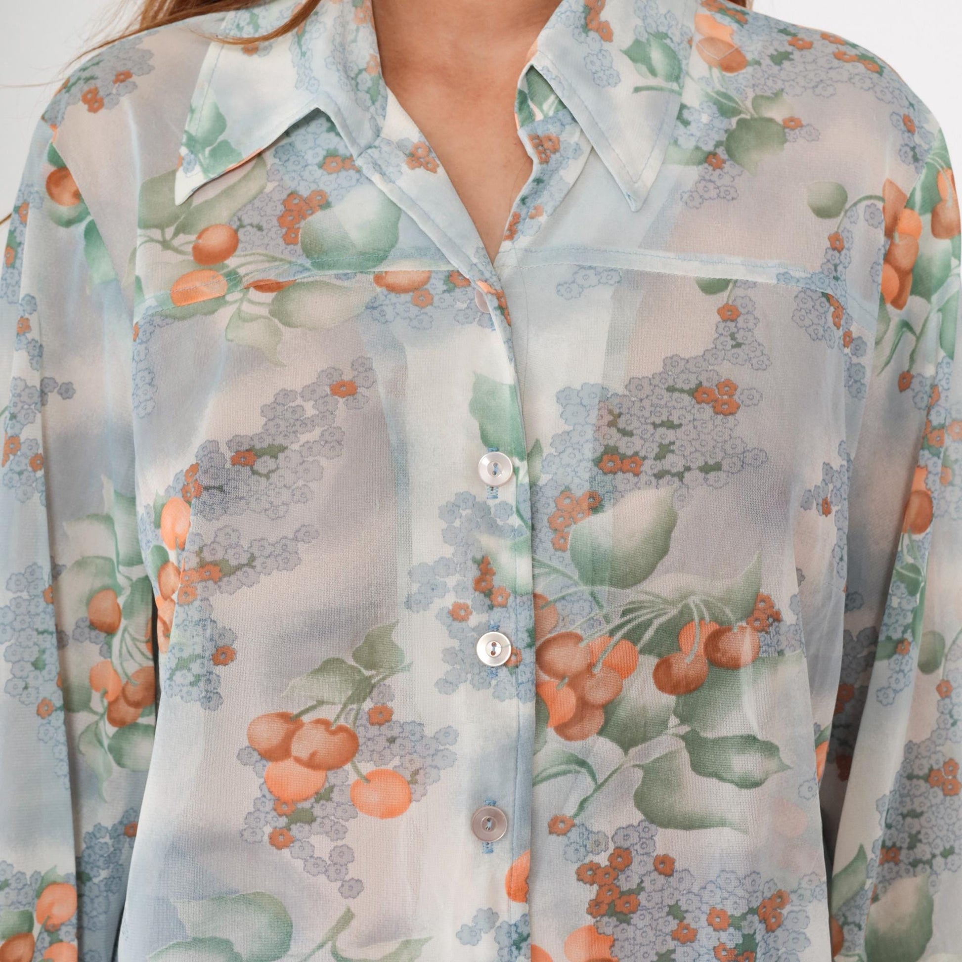 70s Berry Blouse Sheer Blue Orange Watercolor Floral Button Up Long Sleeve Large L