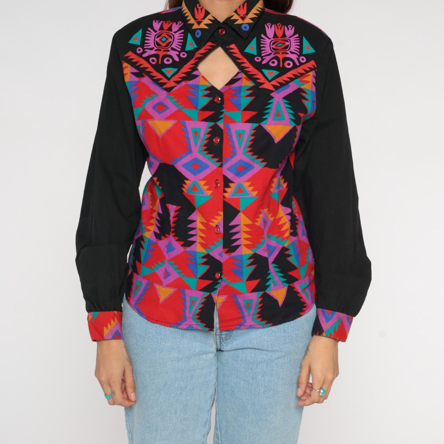 90s Western Plains Trading Co Southwestern Aztec Print Button Shirt Medium M