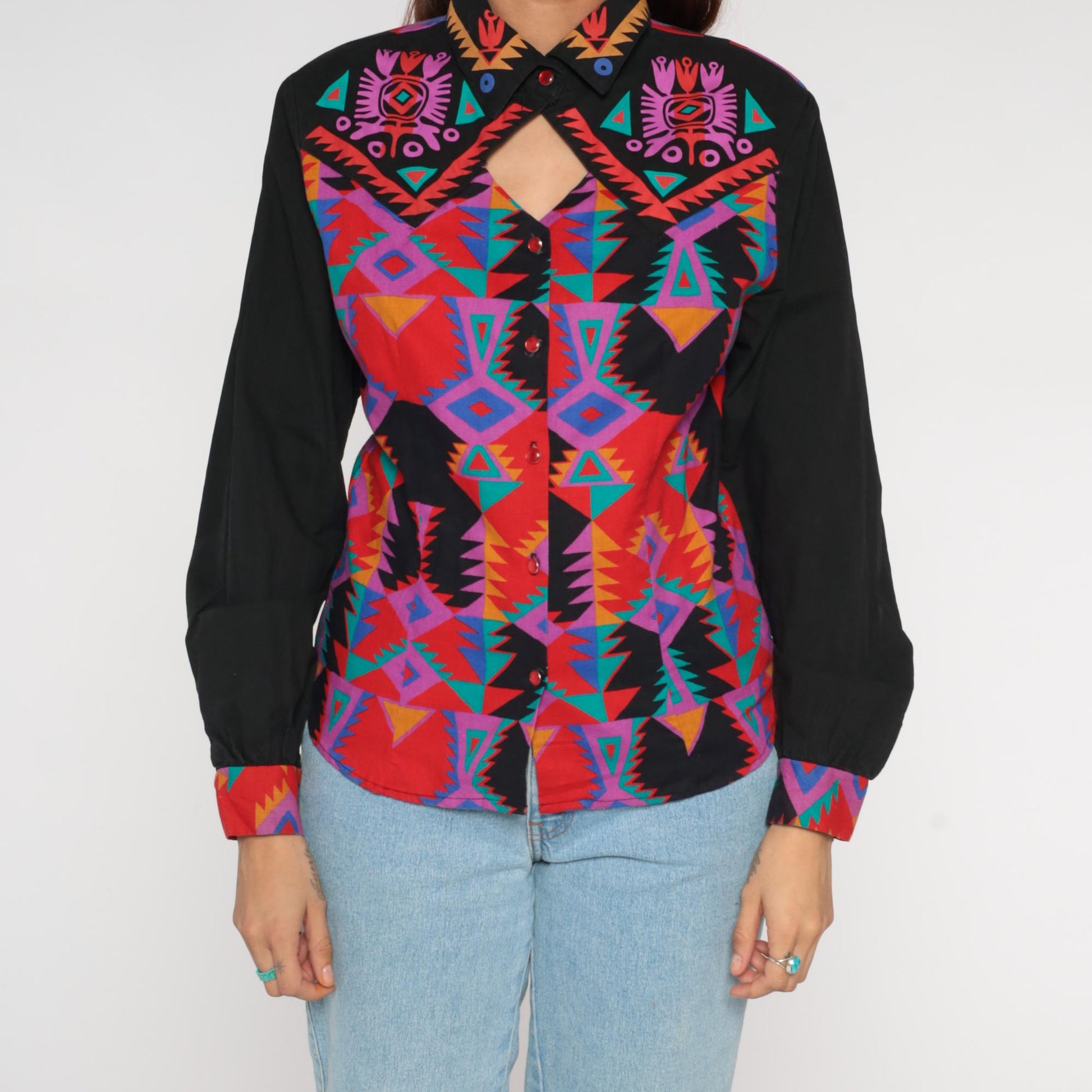 90s Western Plains Trading Co Southwestern Aztec Print Button Shirt Medium M