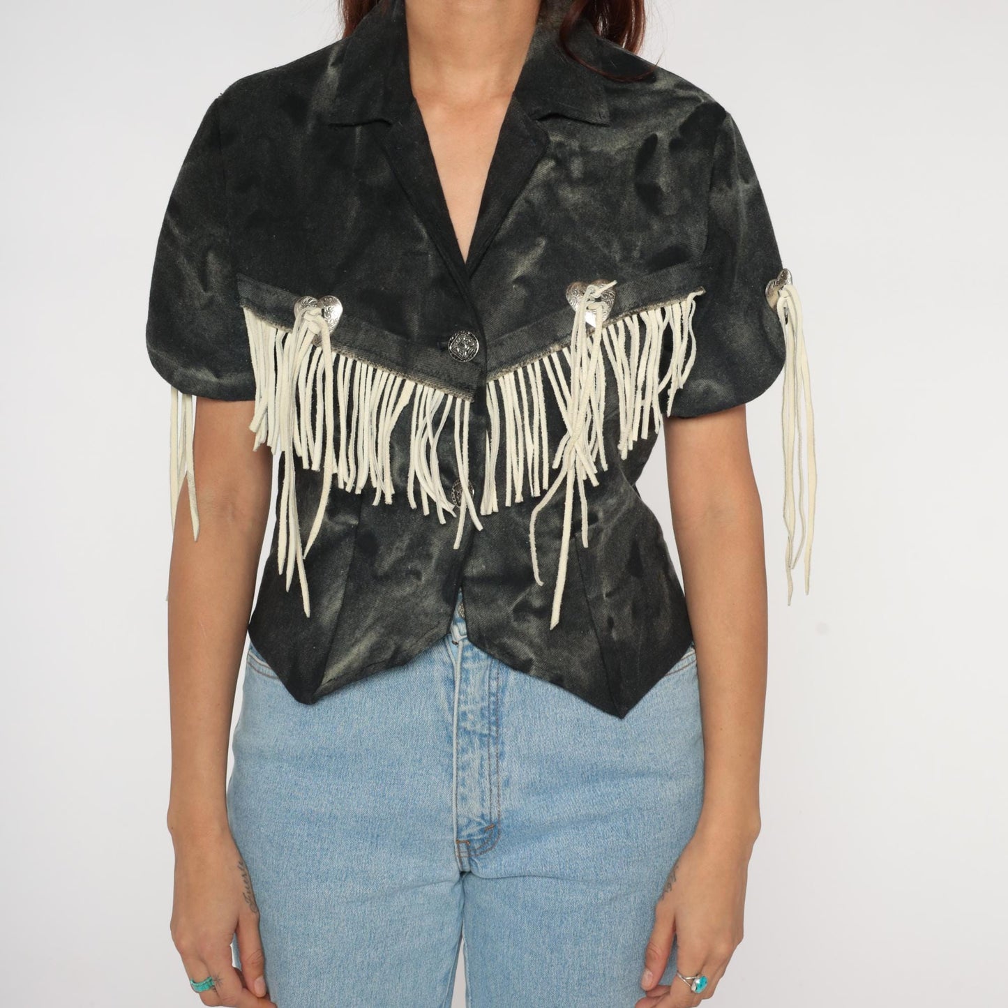 90s Western Fringe Blazer Black Camo Suede Cropped Jacket Small S
