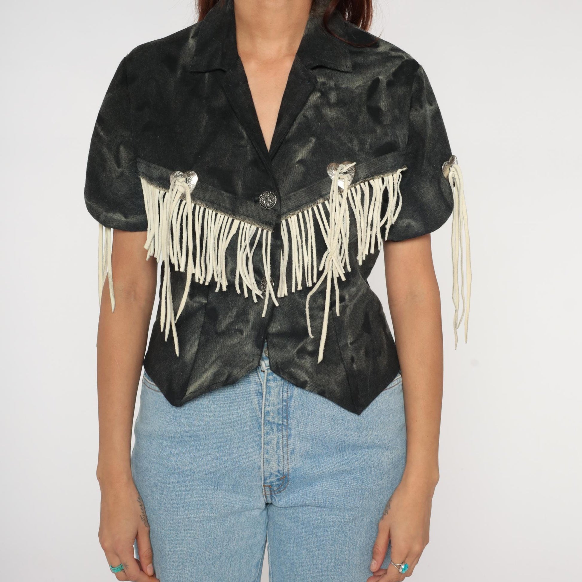 90s Western Fringe Blazer Black Camo Suede Cropped Jacket Small S