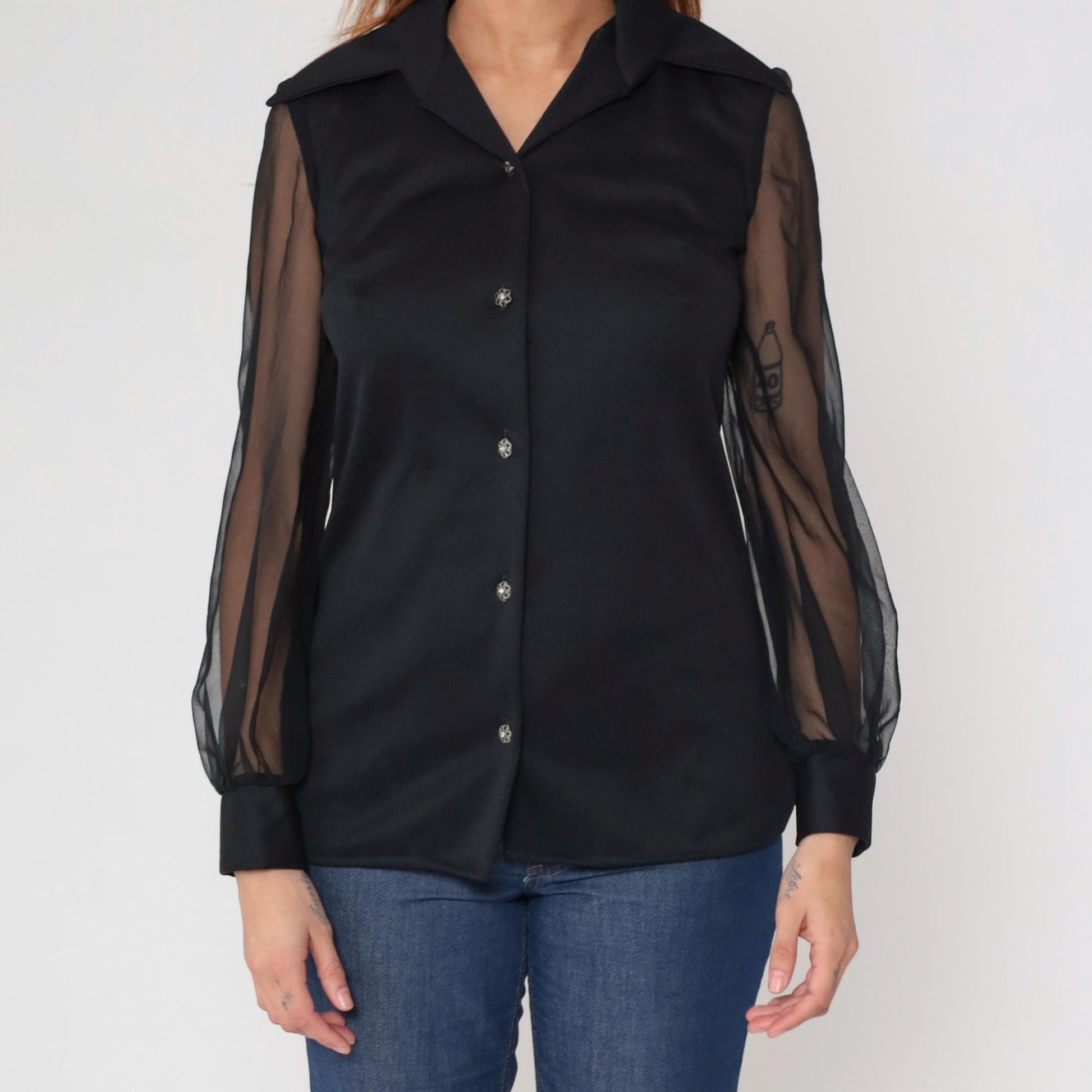 70s George Original California Black Chiffon Blouse Pointed Collar Long Sleeve Small