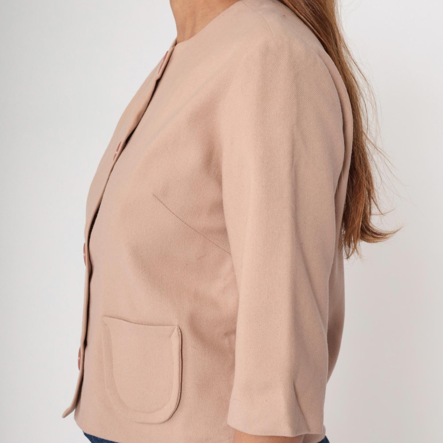 60s Beige Wool Cropped Jacket Pink Buttons Round Neck Short Sleeve Small S