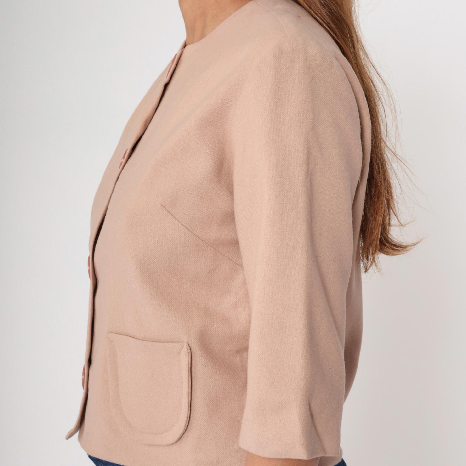 60s Beige Wool Cropped Jacket Pink Buttons Round Neck Short Sleeve Small S