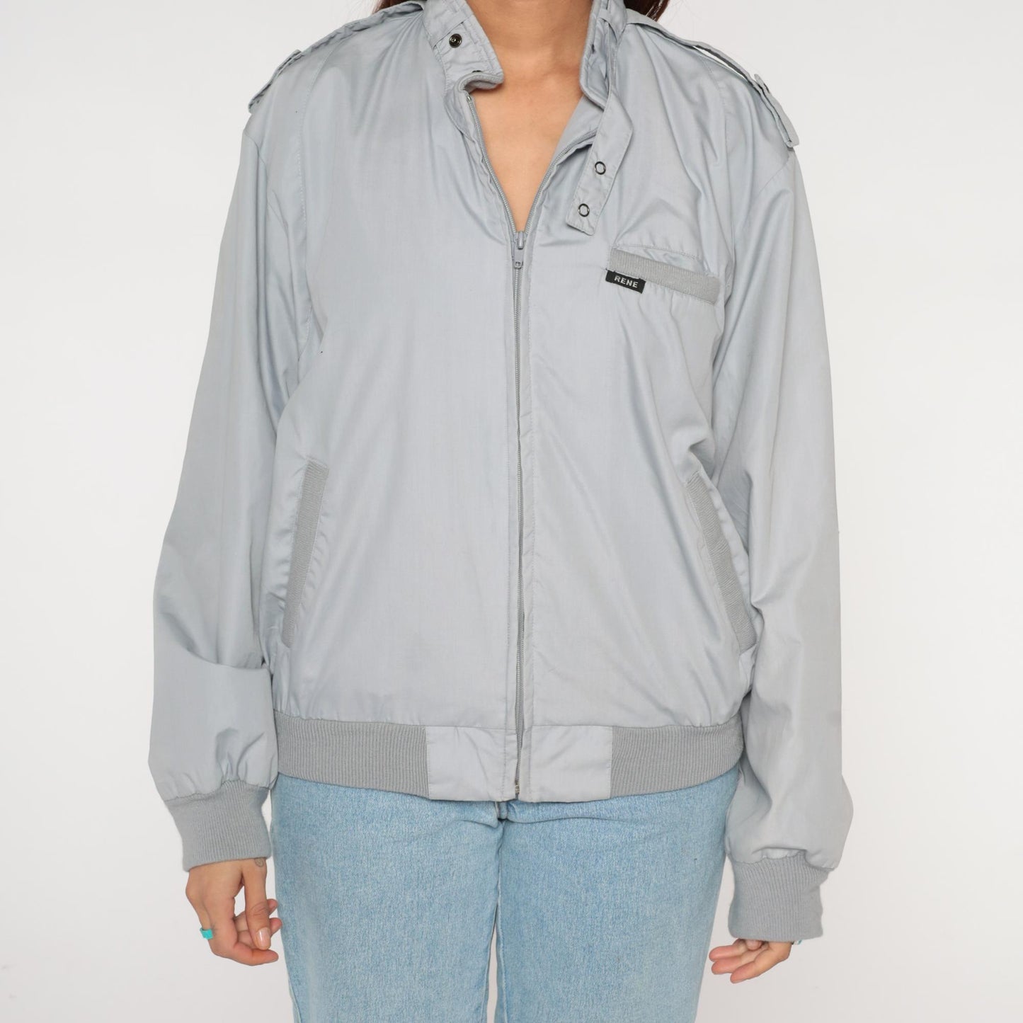 80s Rene De France Light Gray Bomber Jacket Epaulettes Large L