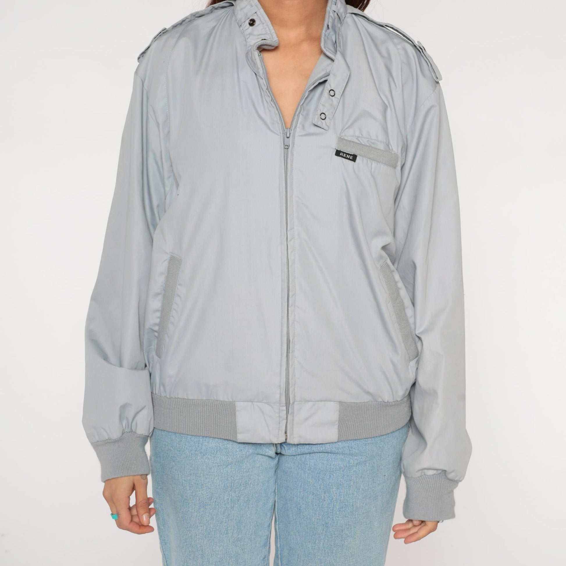 80s Rene De France Light Gray Bomber Jacket Epaulettes Large L