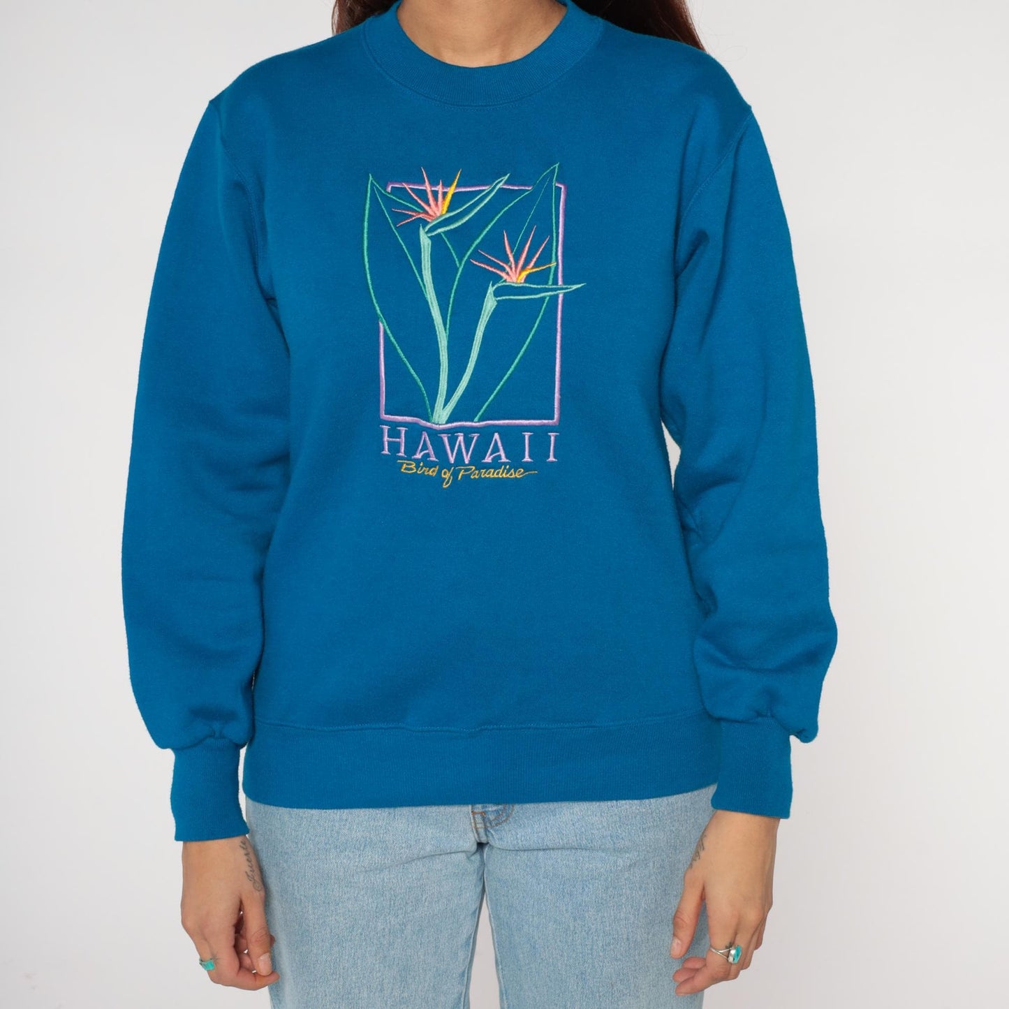 90s Crazy Shirt Bird Of Paradise Hawaii Embroidered Sweatshirt Teal Small