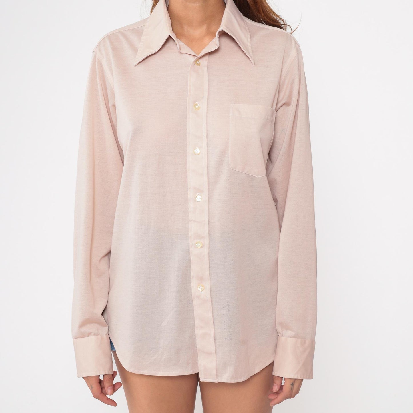 70s I Magnin Tan Button Up Shirt Pointed Collar Long Sleeve Medium M