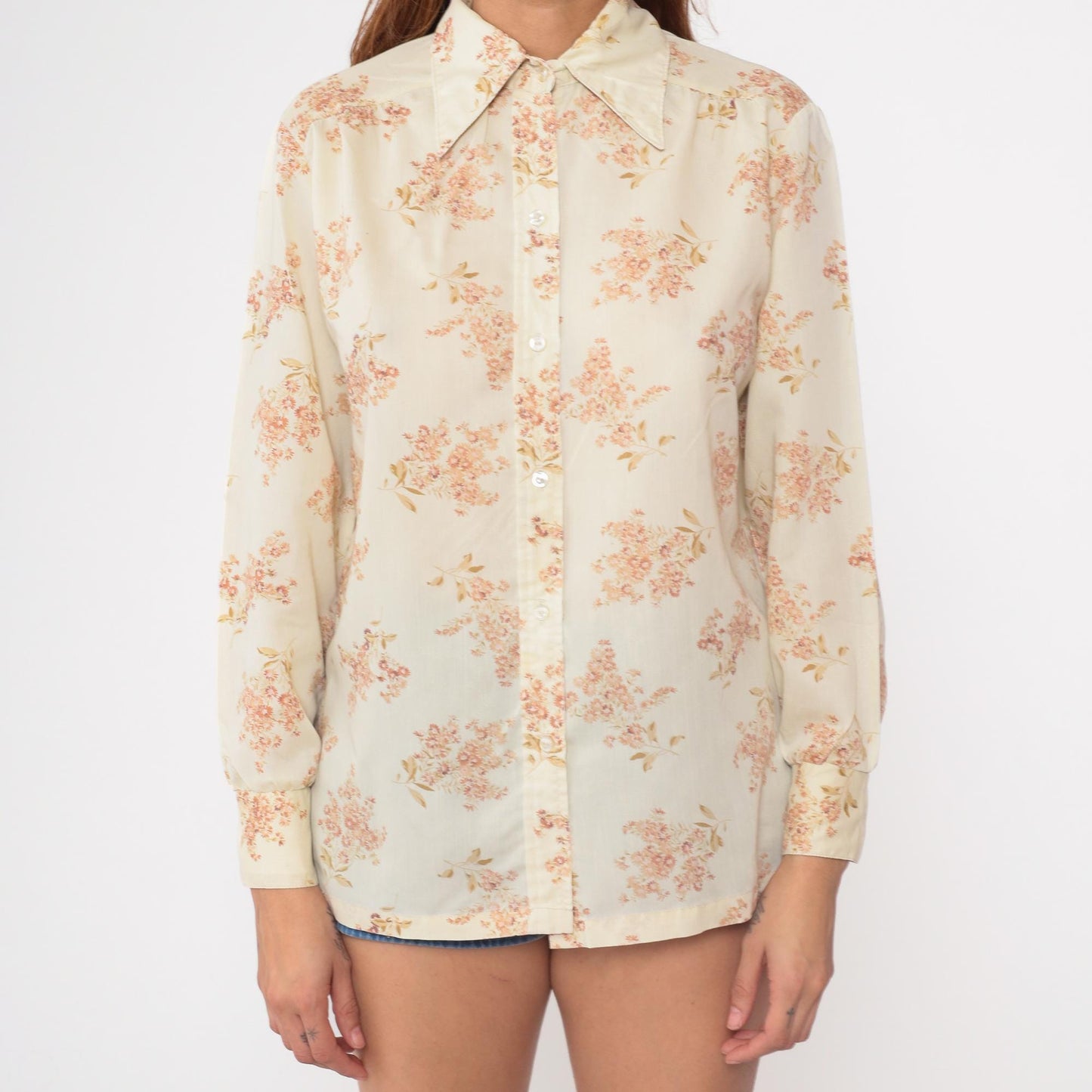 70s Ship n Shore Floral Button-Up Blouse Cream Peach Blossoms Medium M