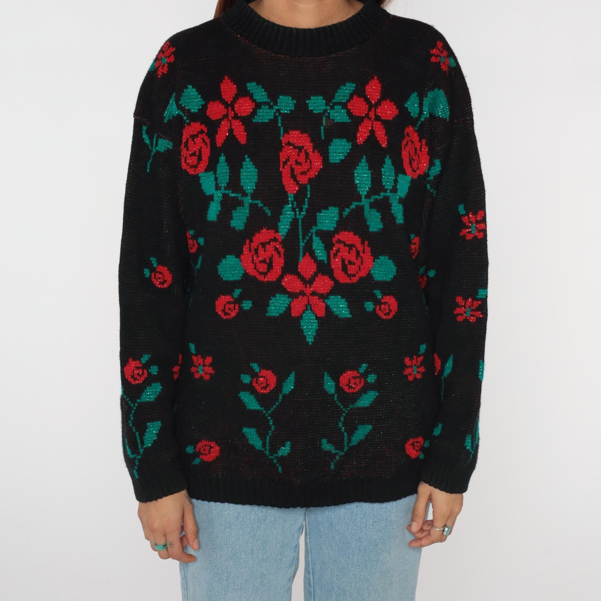 90s Village Fair Black Floral Knit Sweater Red Rose Metallic Medium M