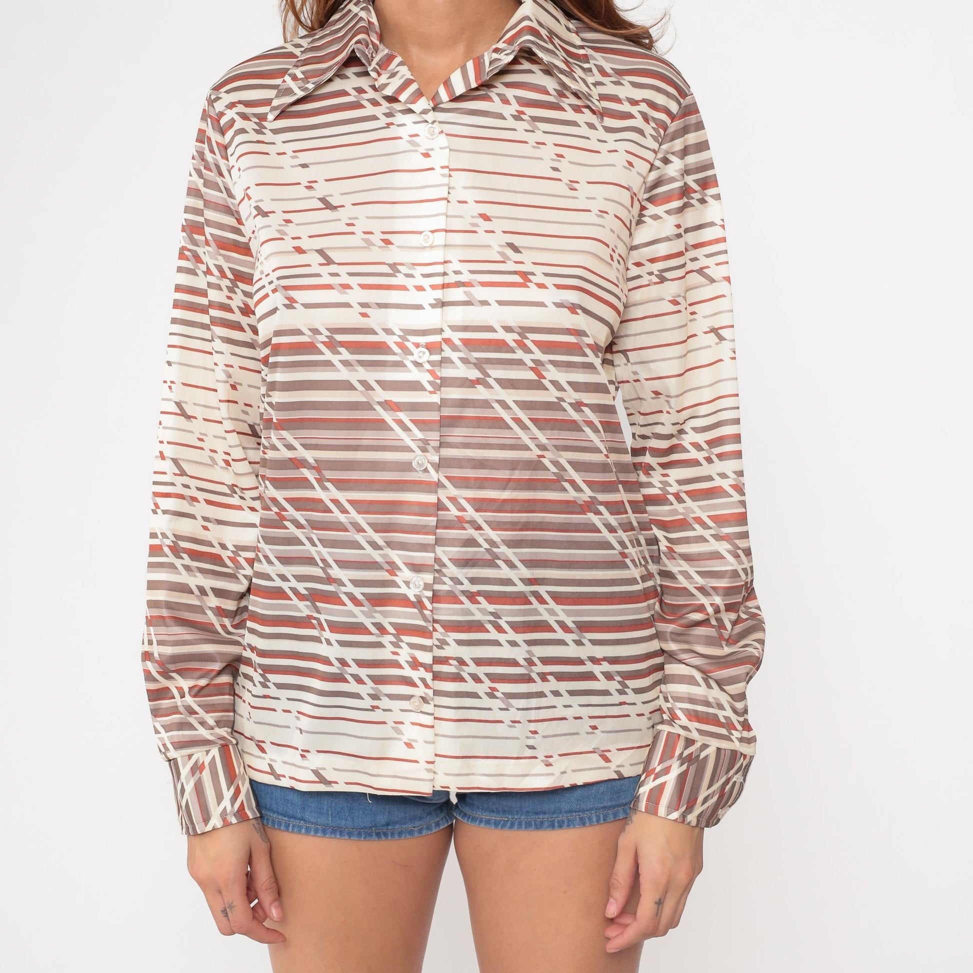 70s Devon Geometric Diagonal Striped Button-Up Shirt Rust Brown Cream Medium