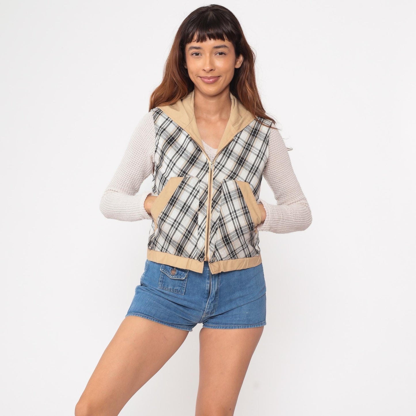 70s Reversible Plaid Hooded Quilted Vest Tan Black White Checkered XS