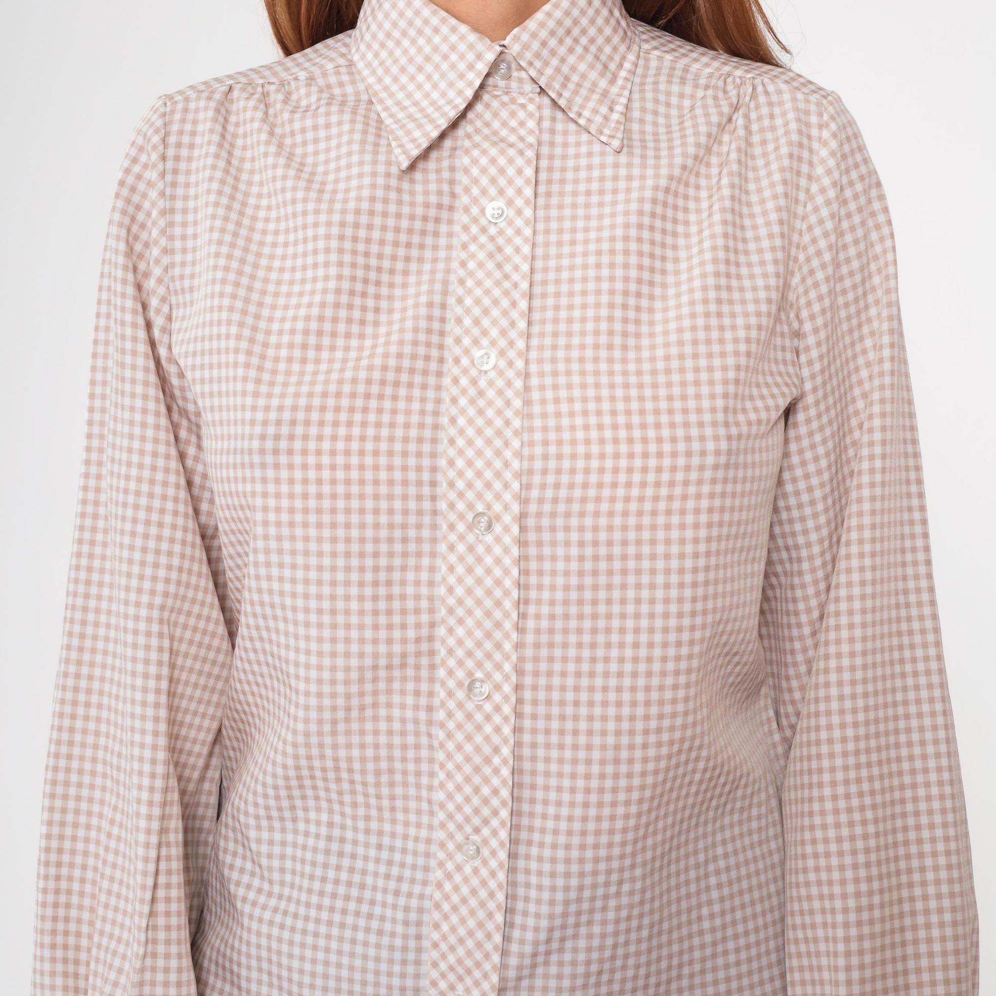 70s Gingham Check Blouse Beige Button Up Pointed Collar Long Sleeve Medium