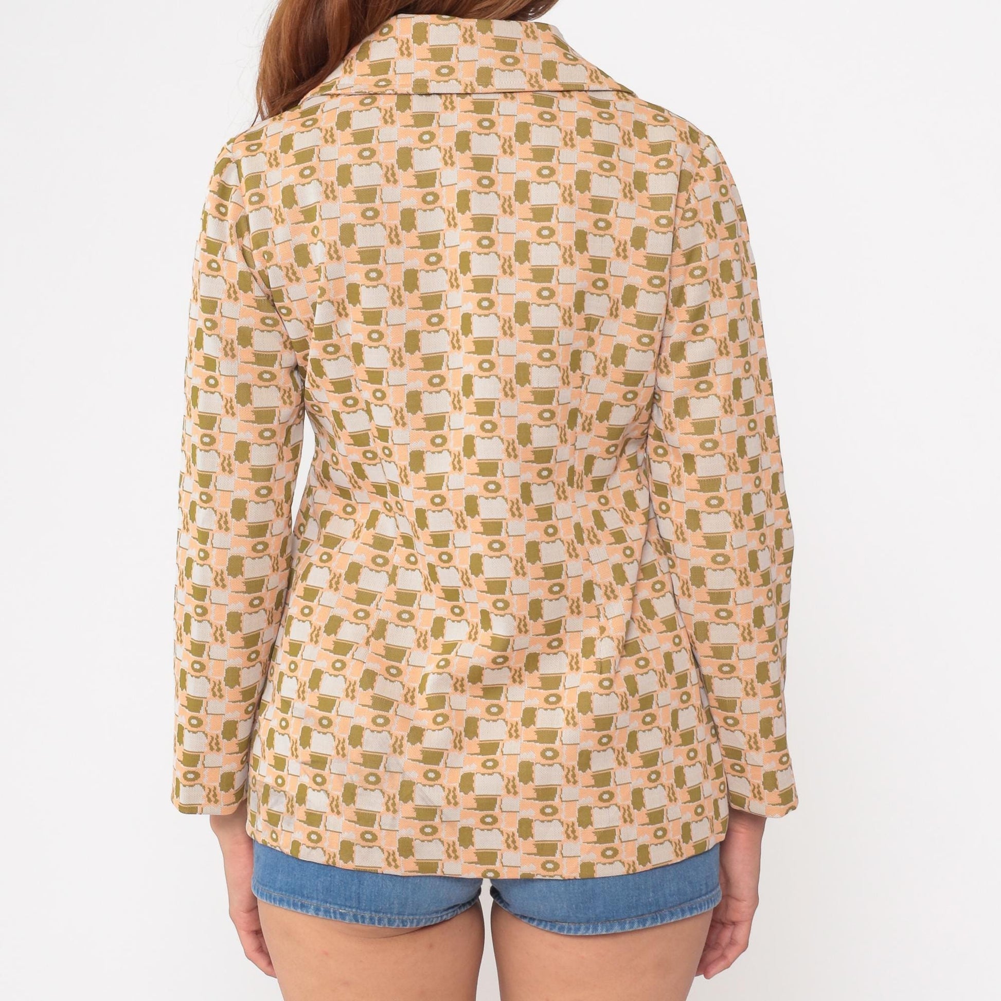 70s Mod Blazer Geometric Print Blue White Button Front Medium M