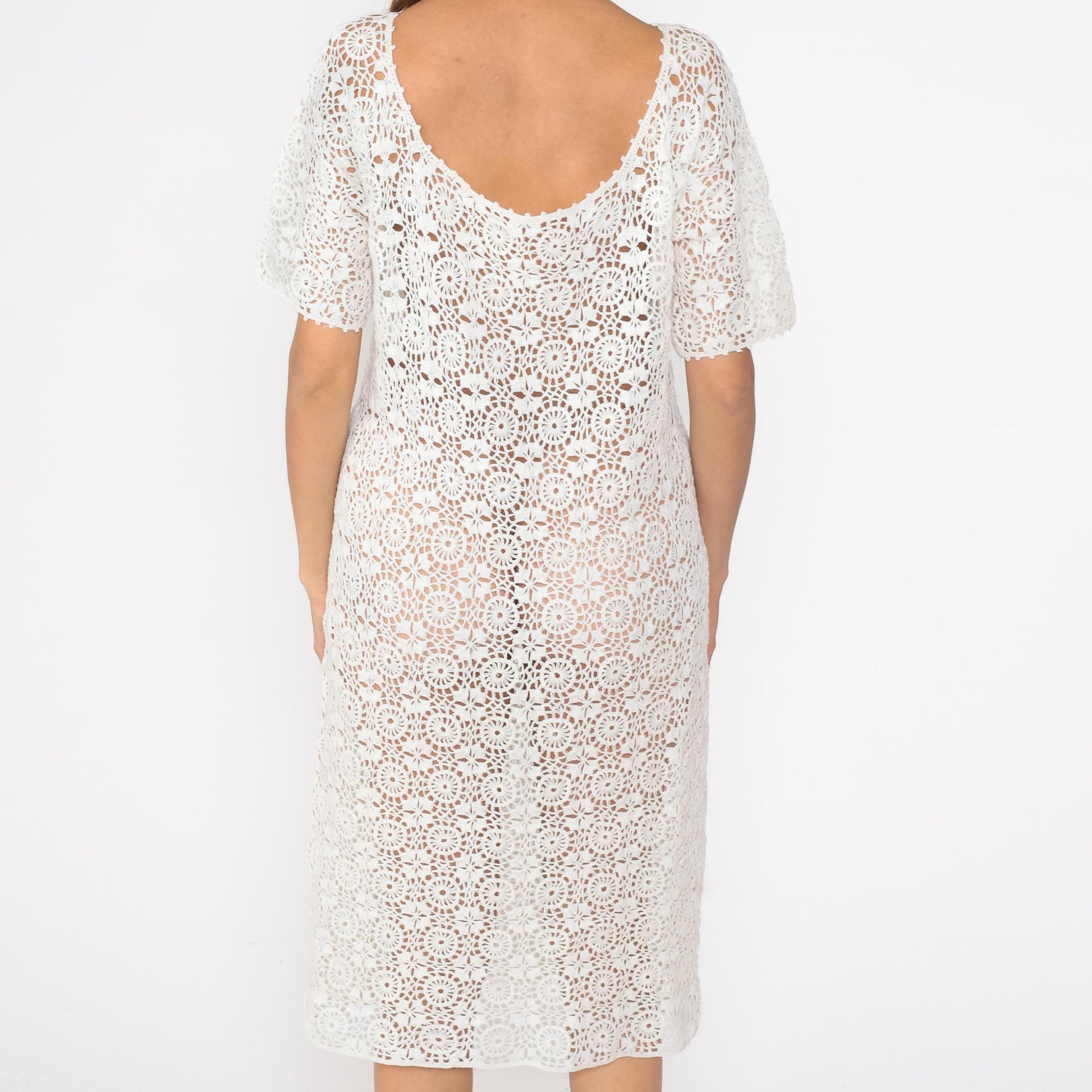 80s White Crochet Midi Dress Open Weave Cutwork Short Sleeve Large