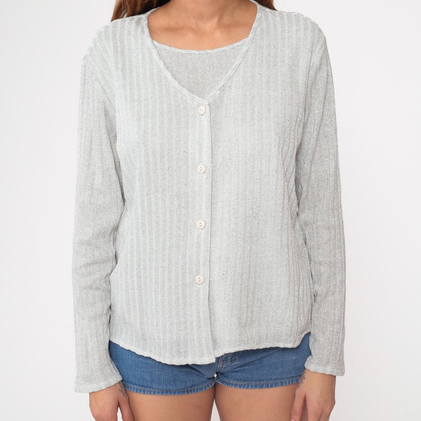 70s Lauren Lee Silver Metallic Cardigan Ribbed Knit Button-Up Small