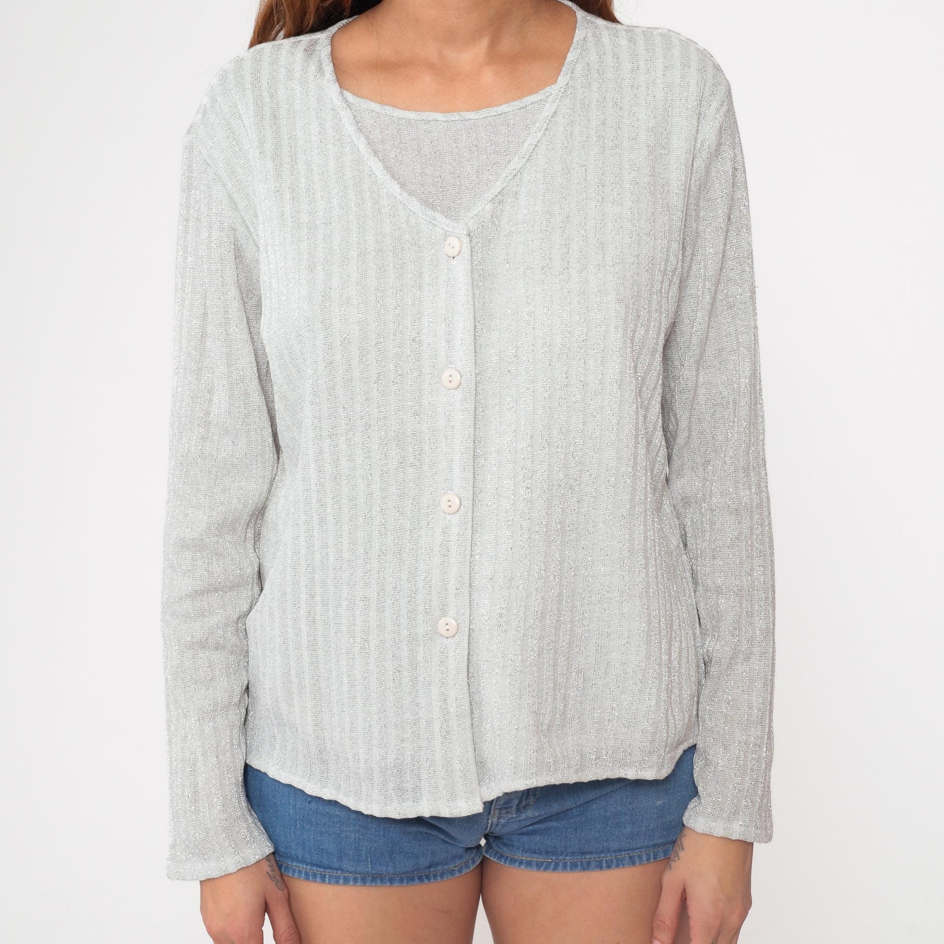 70s Lauren Lee Silver Metallic Cardigan Ribbed Knit Button-Up Small