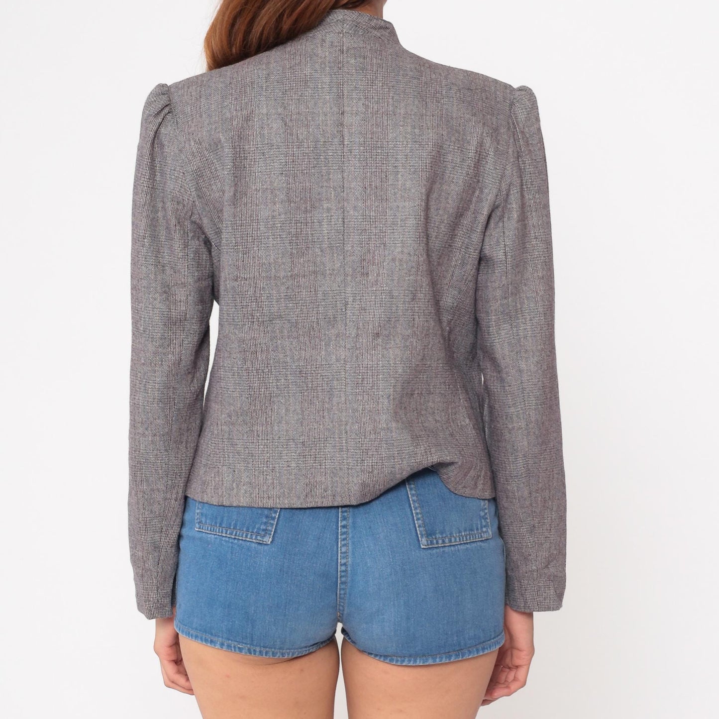 80s Gilmor Grey Plaid Collarless Wool Blazer Cropped Fitted Medium M