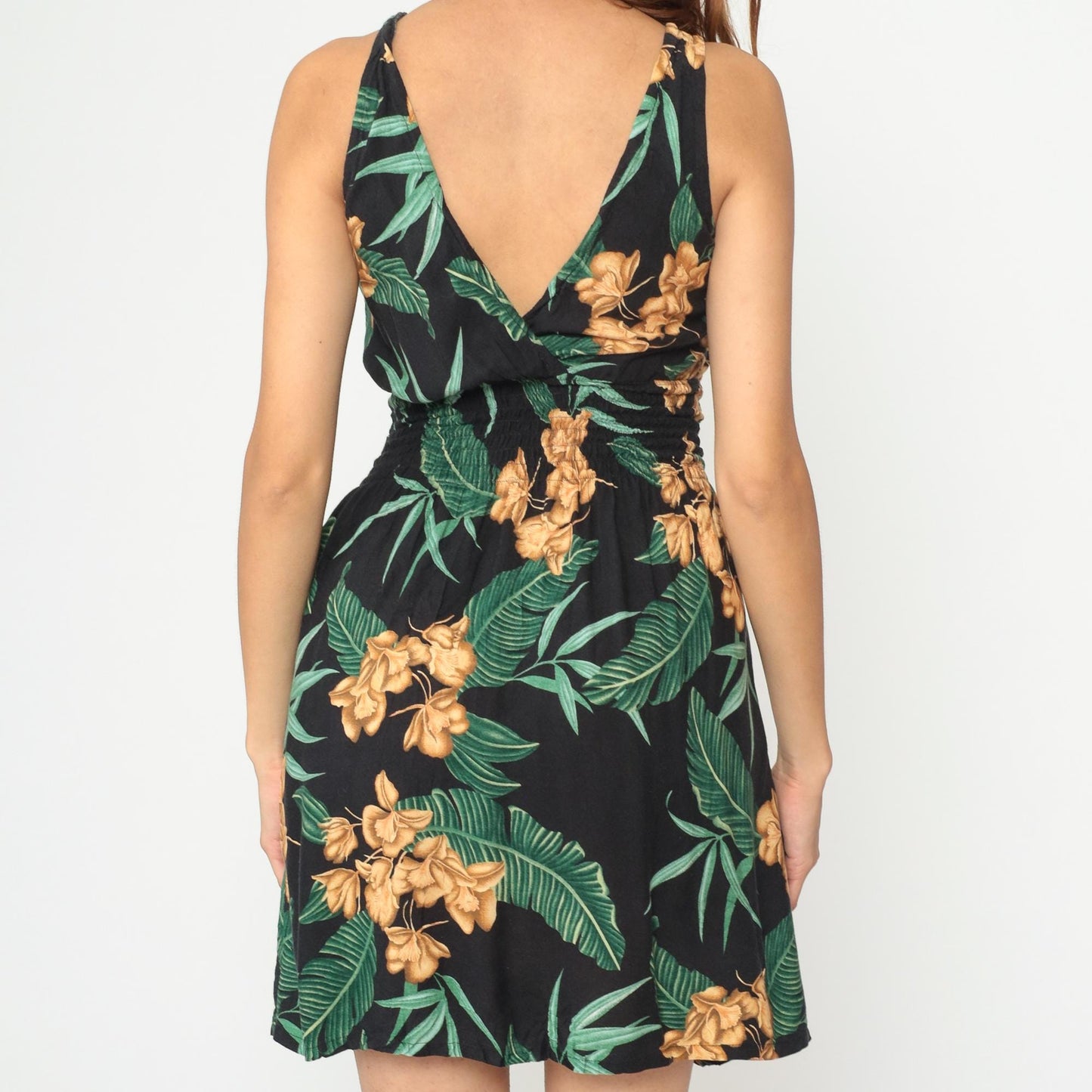 Y2K Hula Bay Tropical Floral Mini Dress Black Rayon V-Neck Large L