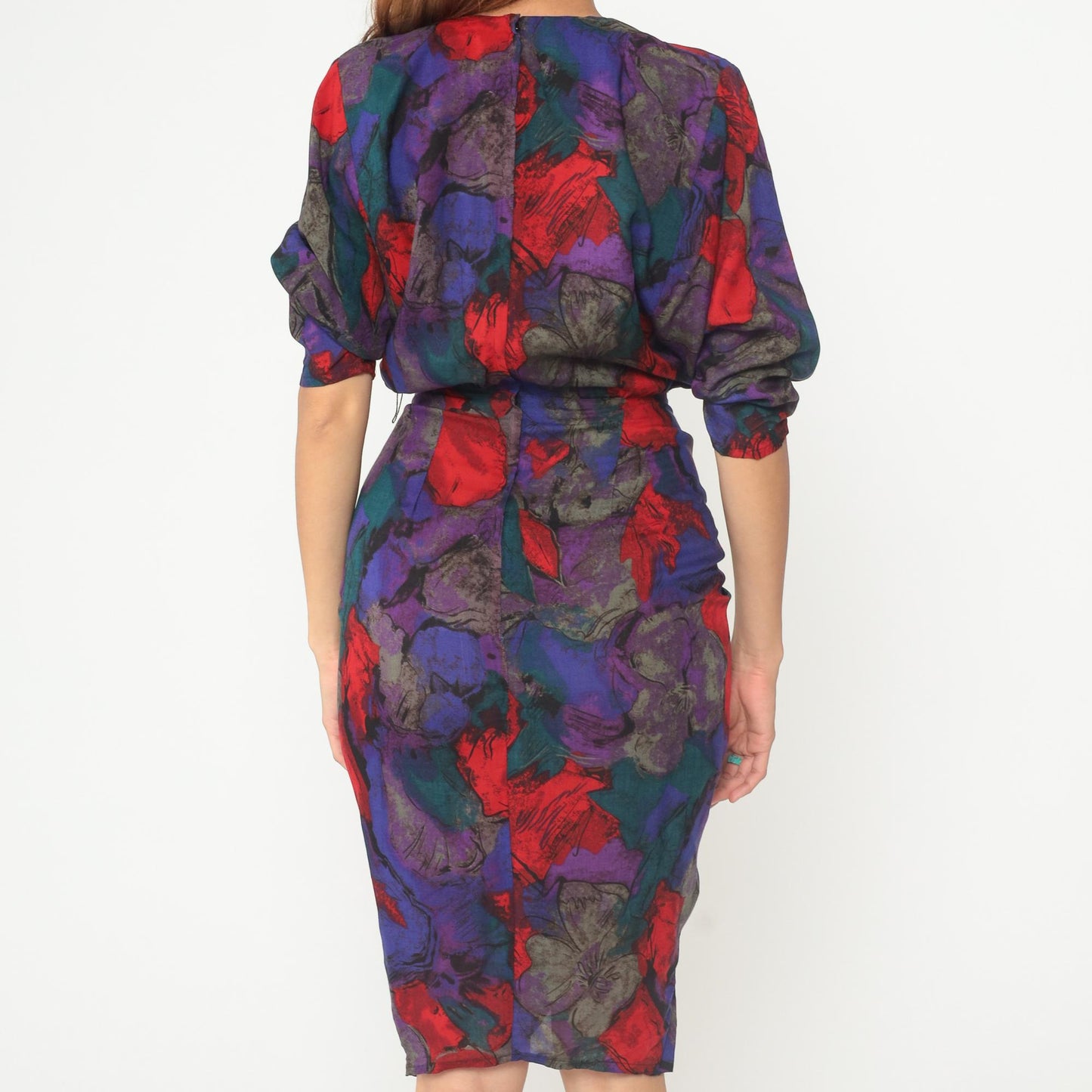 90s All That Jazz Floral Midi Dress Dolman Sleeve Rayon Purple Extra Small XS