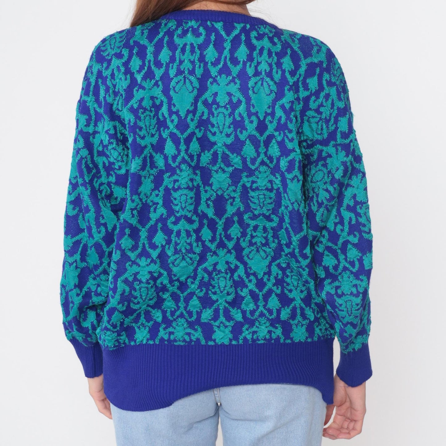 90s Carole Little Floral Damask Crew Neck Sweater Blue Teal Medium M
