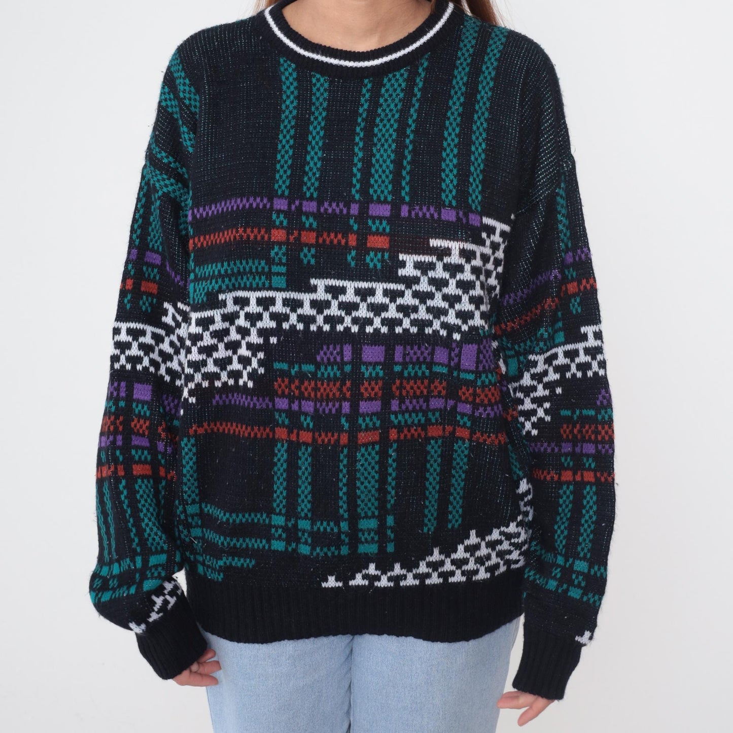 80s Weeds Tribal Geometric Sweater Black Teal Purple Crew Neck Extra Large