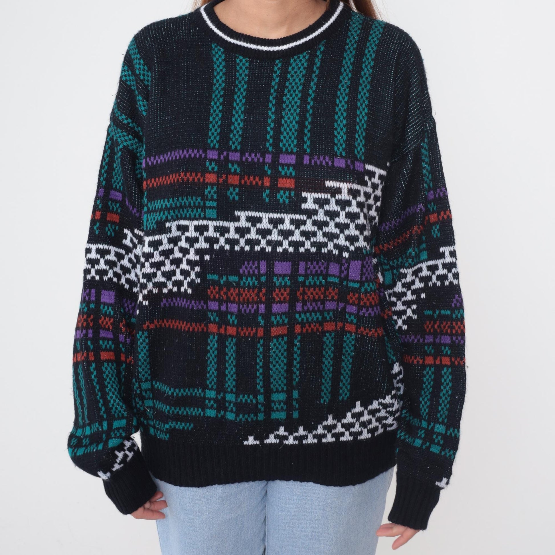 80s Weeds Tribal Geometric Sweater Black Teal Purple Crew Neck Extra Large
