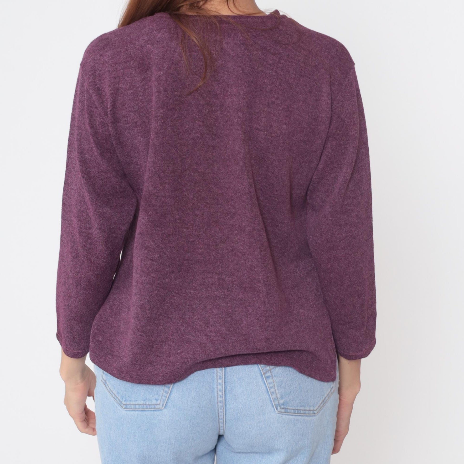 90s Purple Cotton Crew Neck Sweater Pearl Buttons Three-Quarter Sleeve Medium M