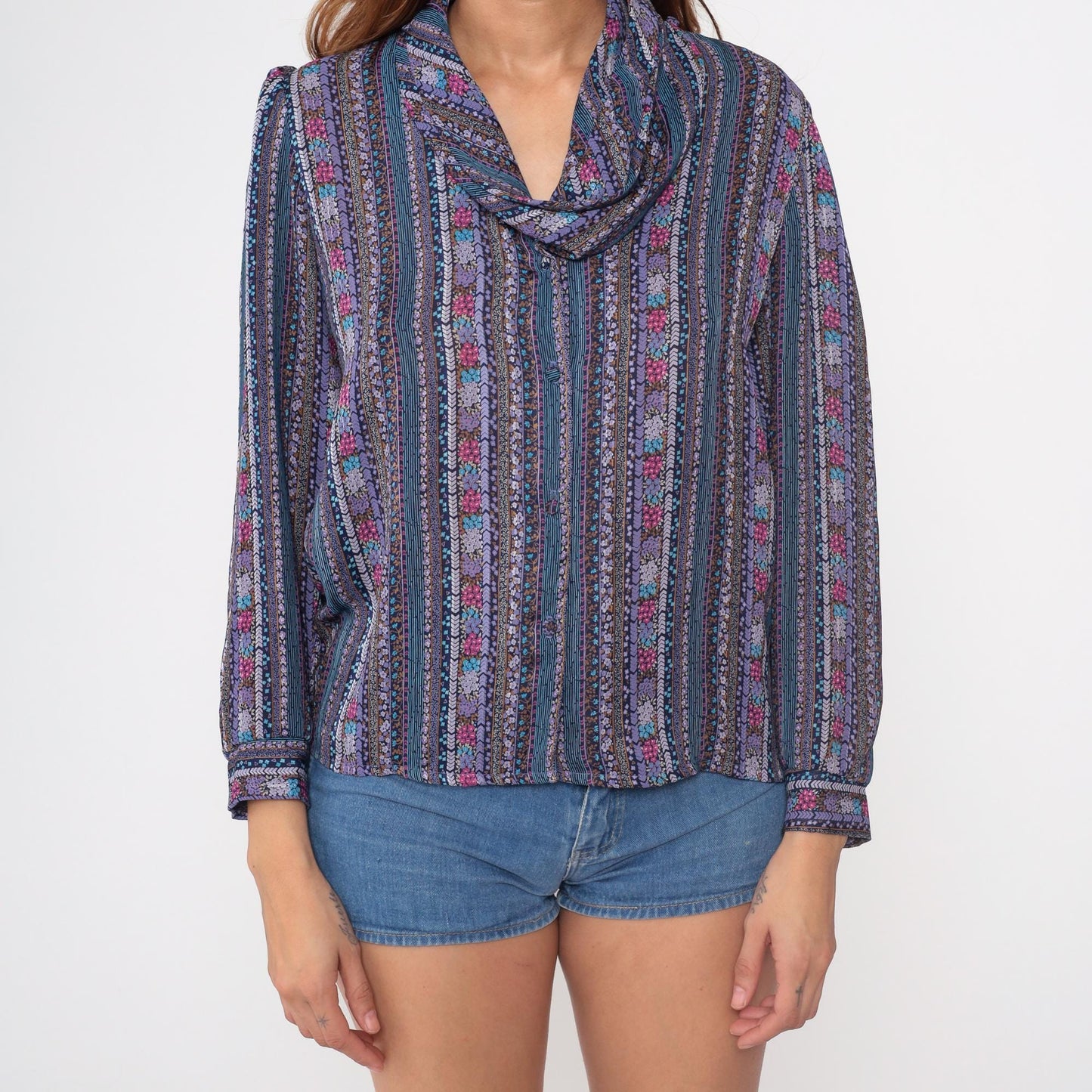 70s Floral Striped Cowl Neck Blouse Purple Blue Pink Long Sleeve Medium