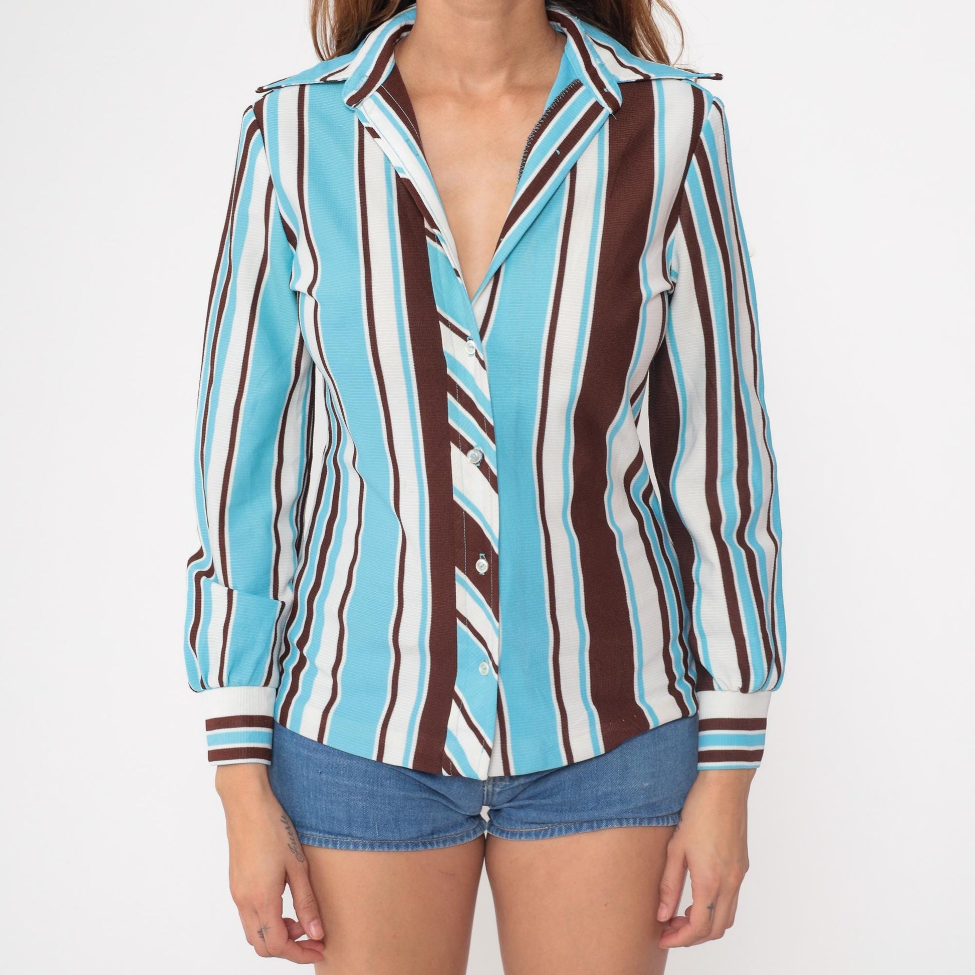 70s Striped Button-Up Blouse Turquoise Brown White Vertical Polyester Small