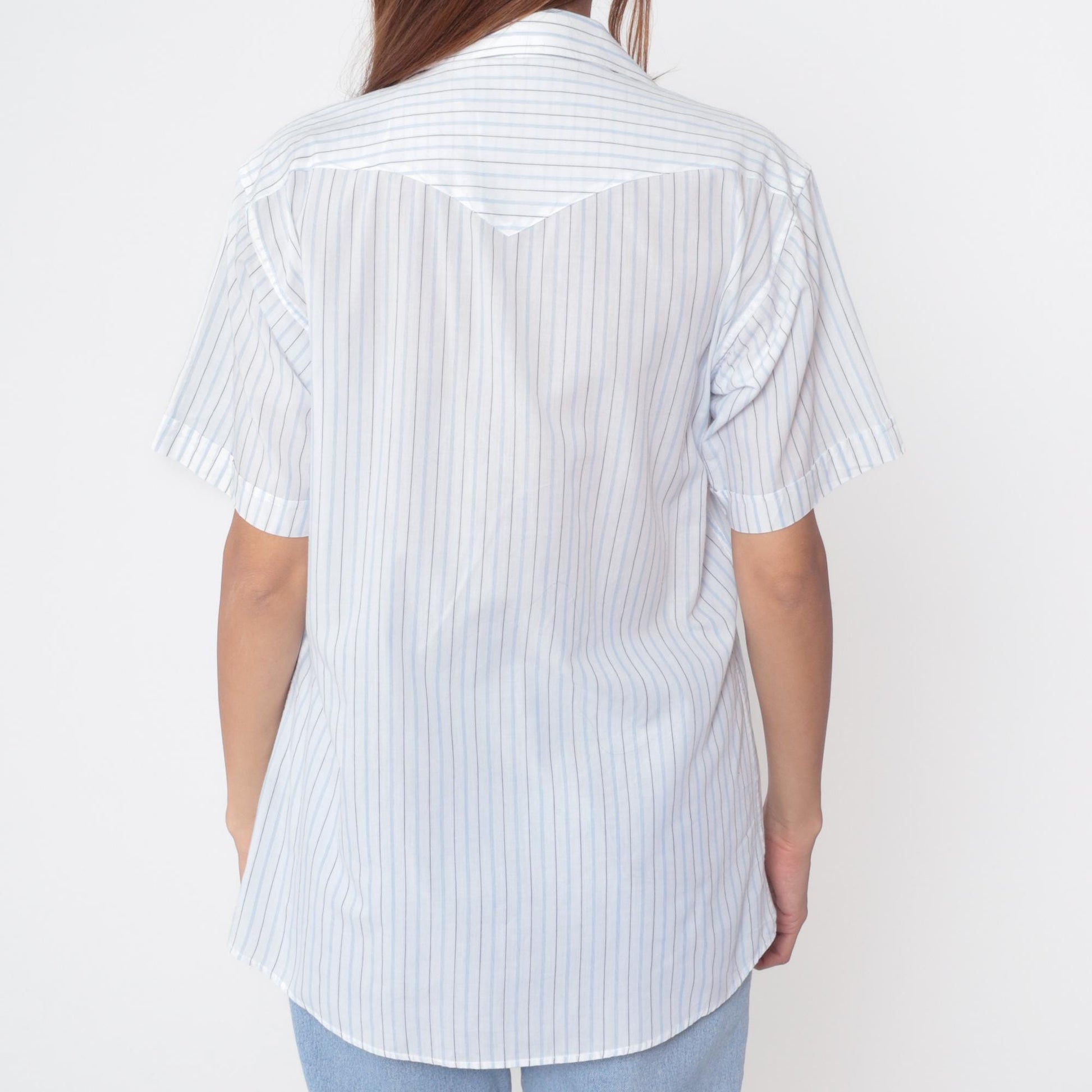 80s Panhandle Slim Western Shirt Blue Pinstripe Short Sleeve Large