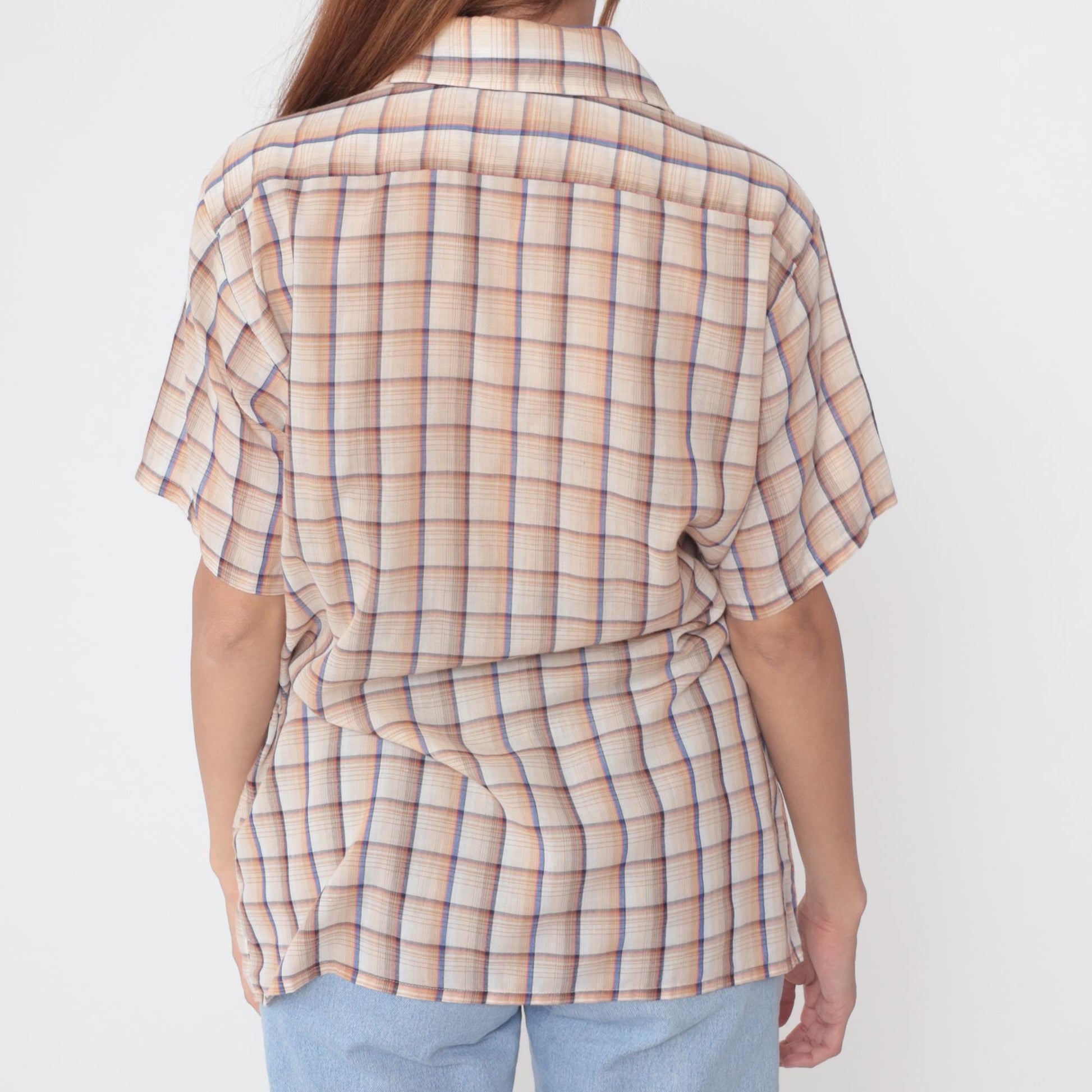 80s Van Heusen Plaid Button-Up Shirt Beige Brown Blue Check Medium