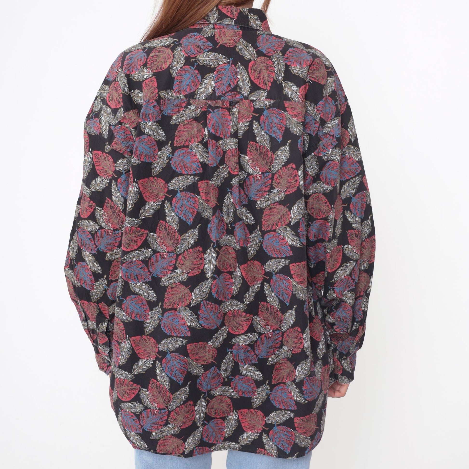 90s Henry Grethel Black Leaf Print Button-Up Shirt Cotton Extra Large